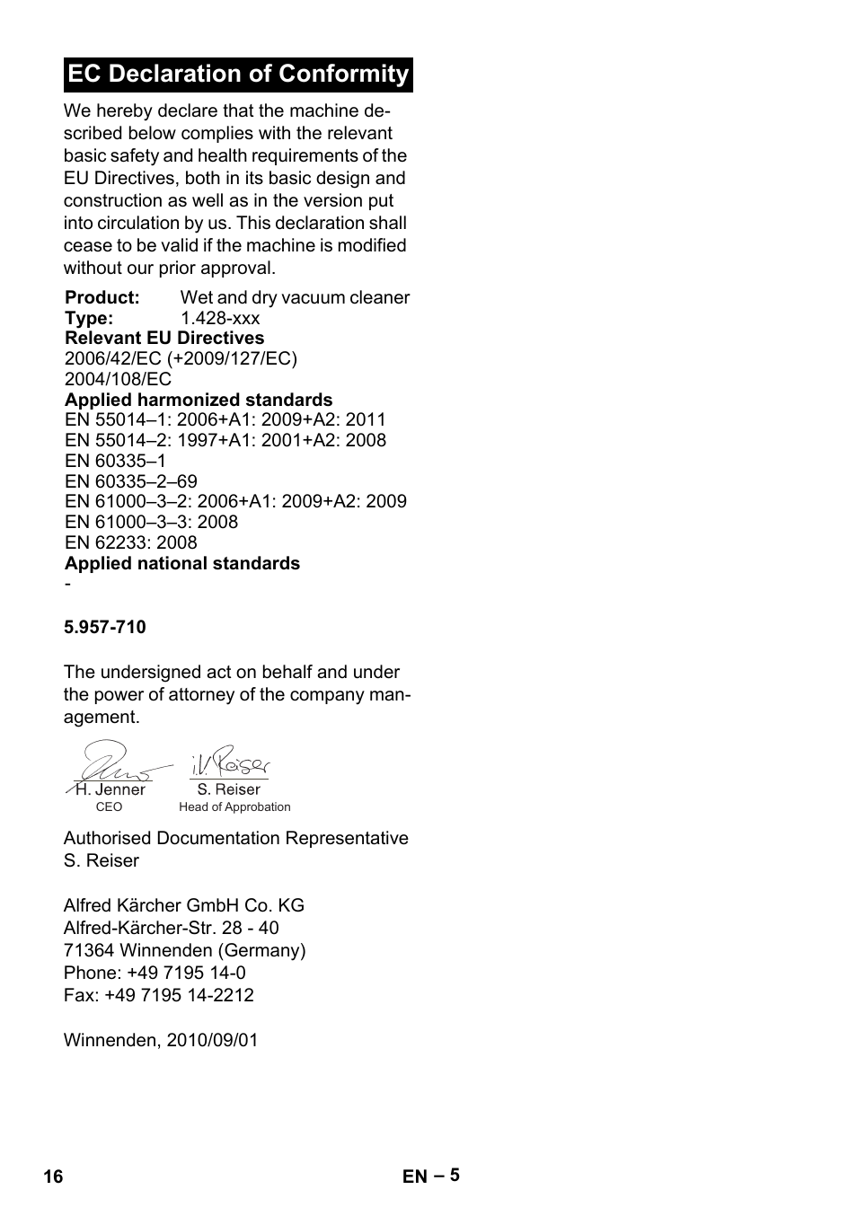 Ec declaration of conformity | Karcher NT 48-1 Te User Manual | Page 16 / 156