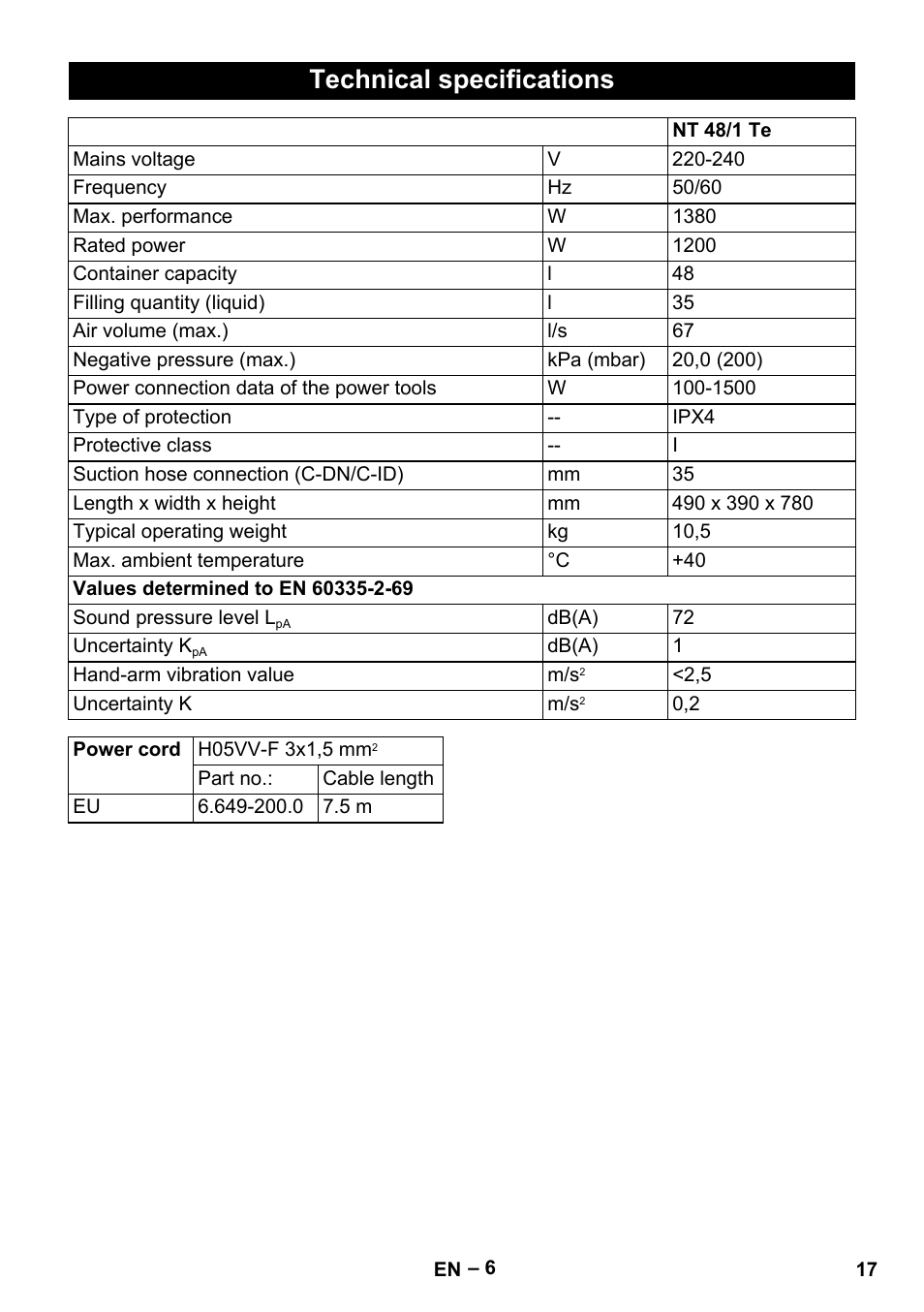 Technical specifications | Karcher NT 48-1 Te User Manual | Page 17 / 156