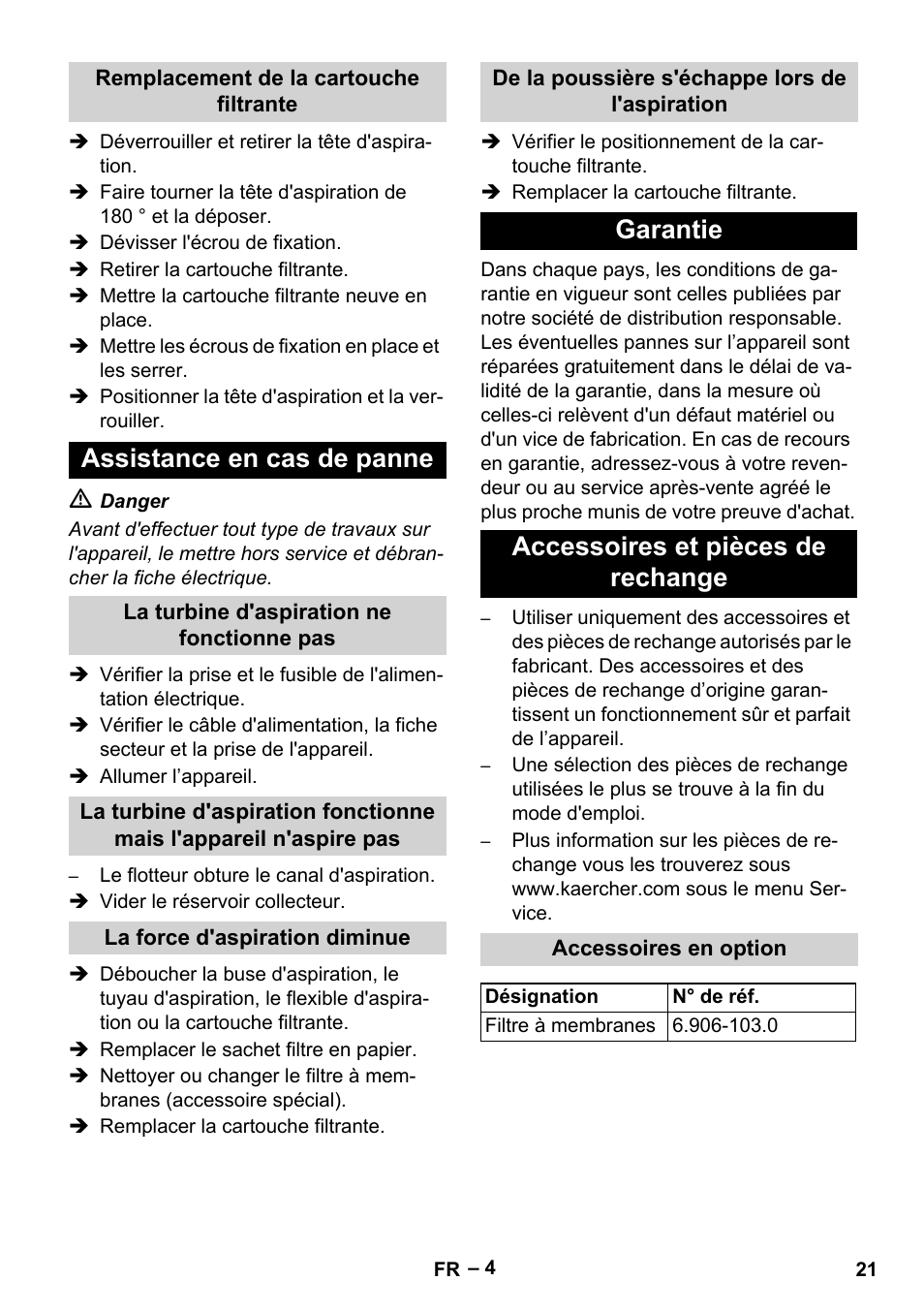 Remplacement de la cartouche filtrante, Assistance en cas de panne, La turbine d'aspiration ne fonctionne pas | La force d'aspiration diminue, De la poussière s'échappe lors de l'aspiration, Garantie, Accessoires et pièces de rechange, Accessoires en option, Garantie accessoires et pièces de rechange | Karcher NT 48-1 Te User Manual | Page 21 / 156