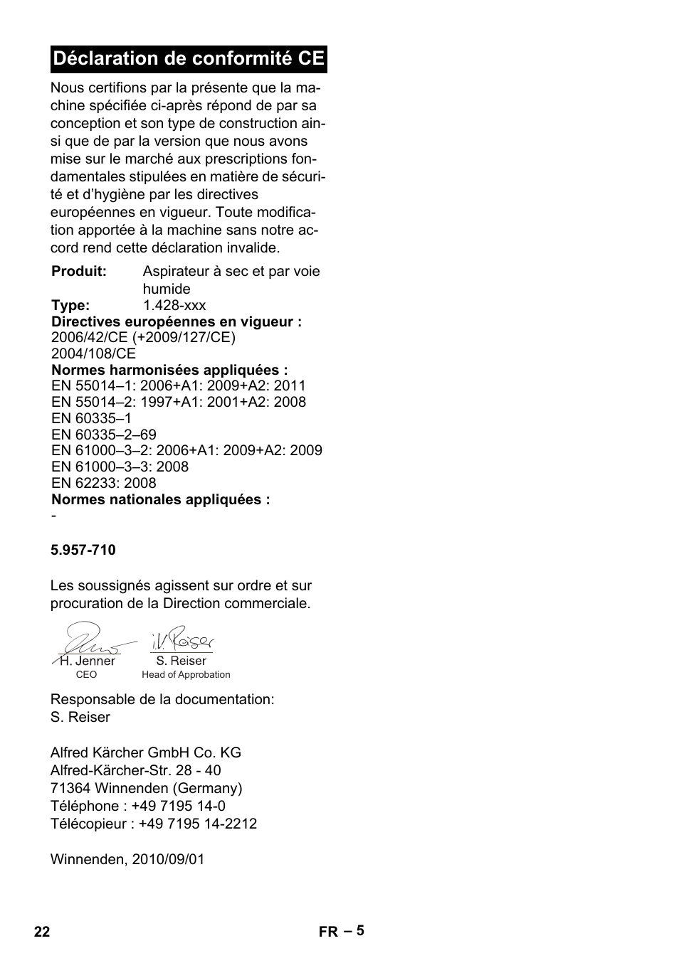 Déclaration de conformité ce | Karcher NT 48-1 Te User Manual | Page 22 / 156