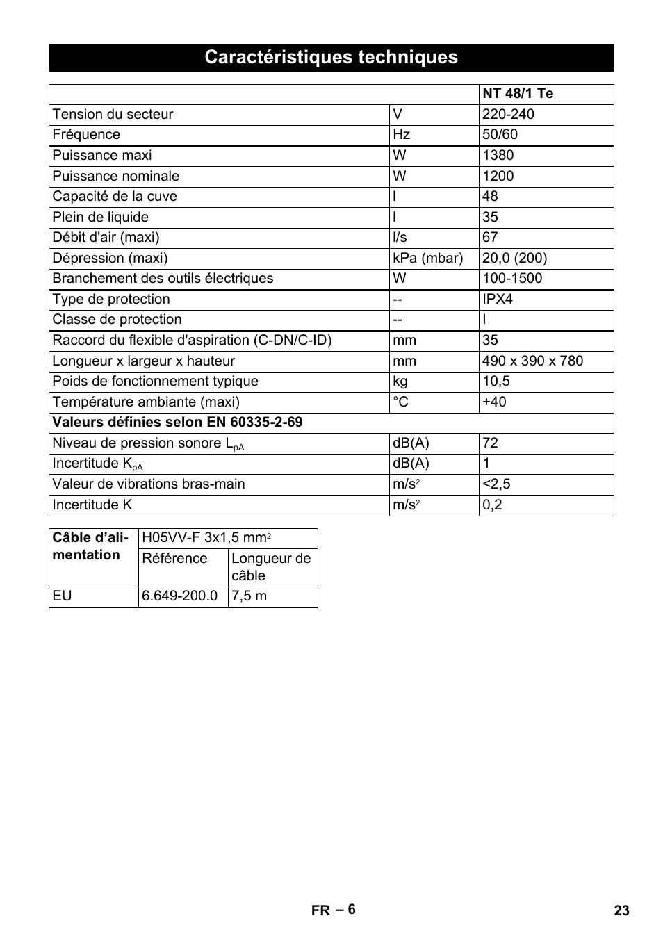 Caractéristiques techniques | Karcher NT 48-1 Te User Manual | Page 23 / 156