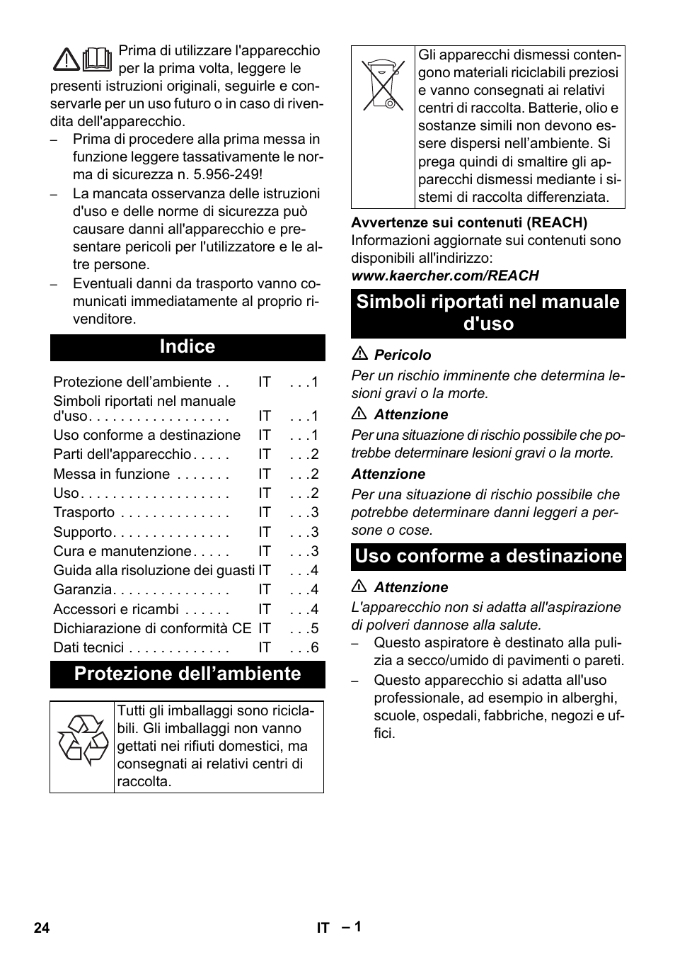 Italiano, Indice, Protezione dell’ambiente | Simboli riportati nel manuale d'uso, Uso conforme a destinazione | Karcher NT 48-1 Te User Manual | Page 24 / 156