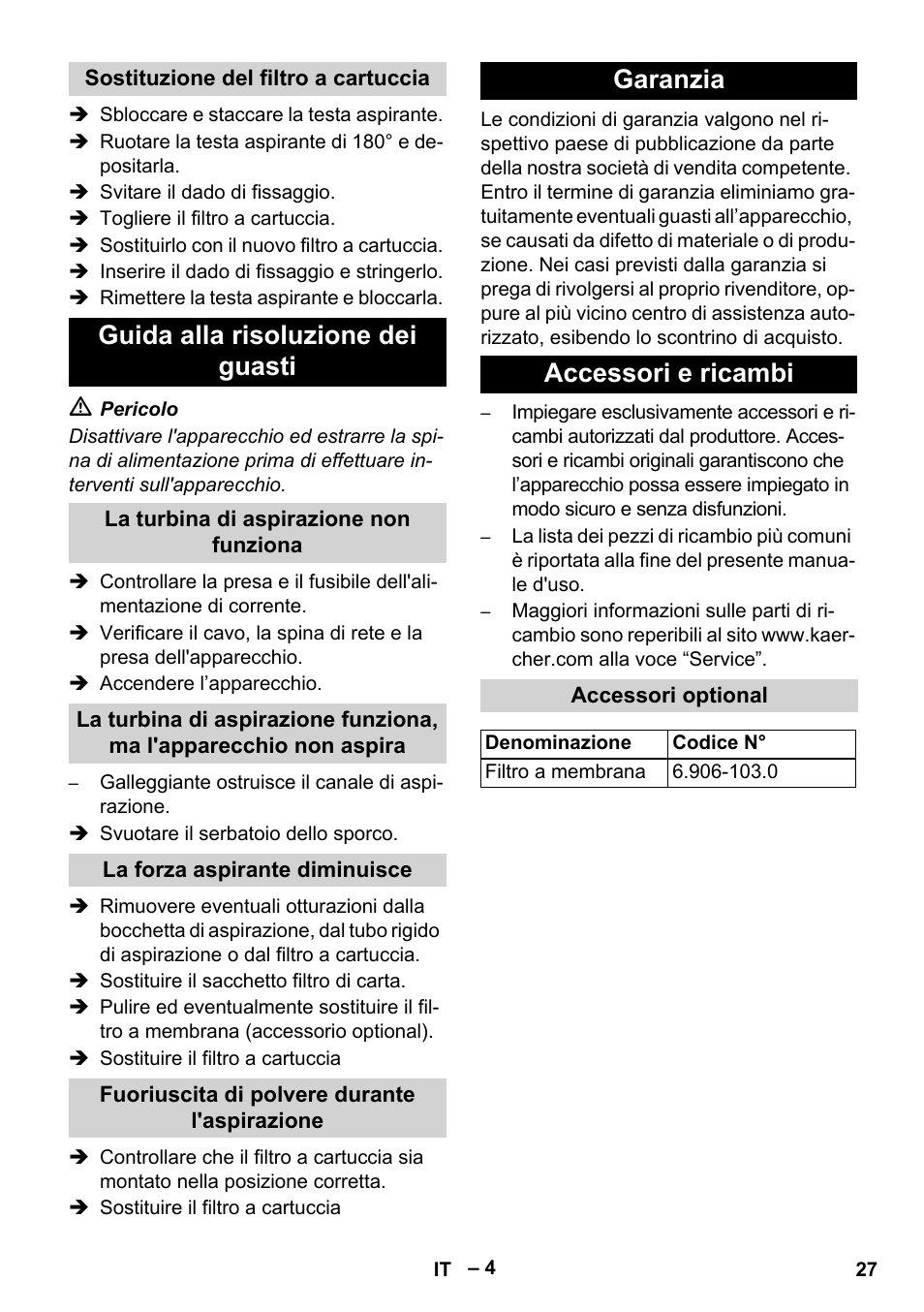 Sostituzione del filtro a cartuccia, Guida alla risoluzione dei guasti, La turbina di aspirazione non funziona | La forza aspirante diminuisce, Fuoriuscita di polvere durante l'aspirazione, Garanzia, Accessori e ricambi, Accessori optional, Garanzia accessori e ricambi | Karcher NT 48-1 Te User Manual | Page 27 / 156