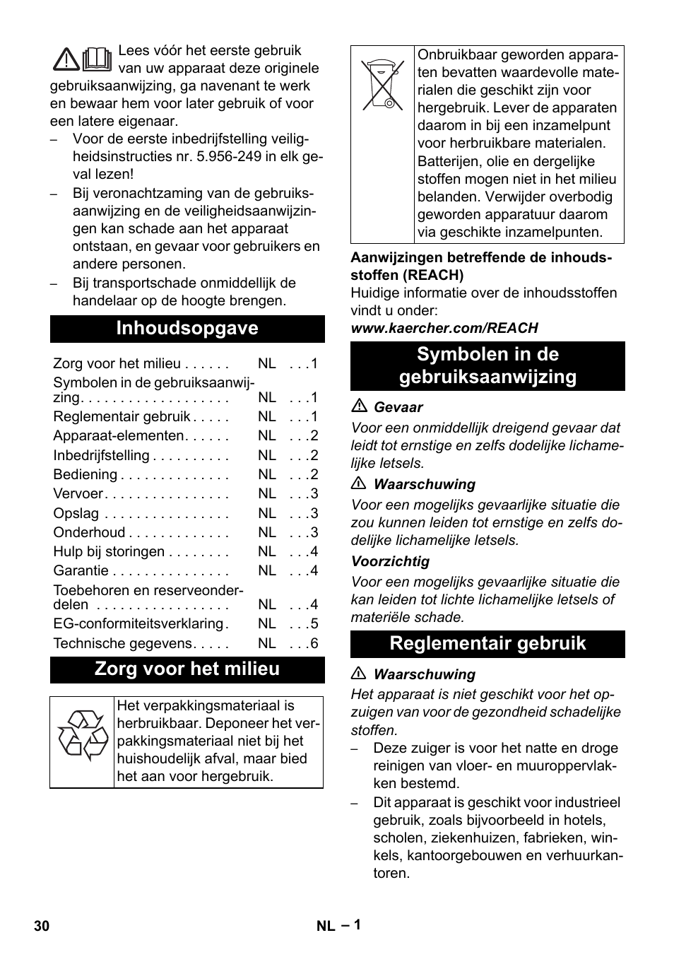 Nederlands, Inhoudsopgave, Zorg voor het milieu | Symbolen in de gebruiksaanwijzing, Reglementair gebruik | Karcher NT 48-1 Te User Manual | Page 30 / 156