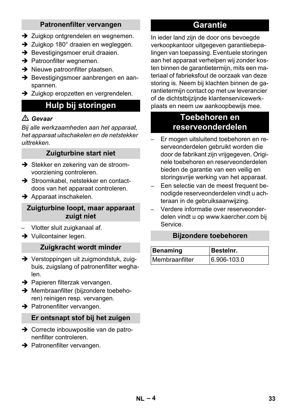 Patronenfilter vervangen, Hulp bij storingen, Zuigturbine start niet | Zuigturbine loopt, maar apparaat zuigt niet, Zuigkracht wordt minder, Er ontsnapt stof bij het zuigen, Garantie, Toebehoren en reserveonderdelen, Bijzondere toebehoren, Garantie toebehoren en reserveonderdelen | Karcher NT 48-1 Te User Manual | Page 33 / 156