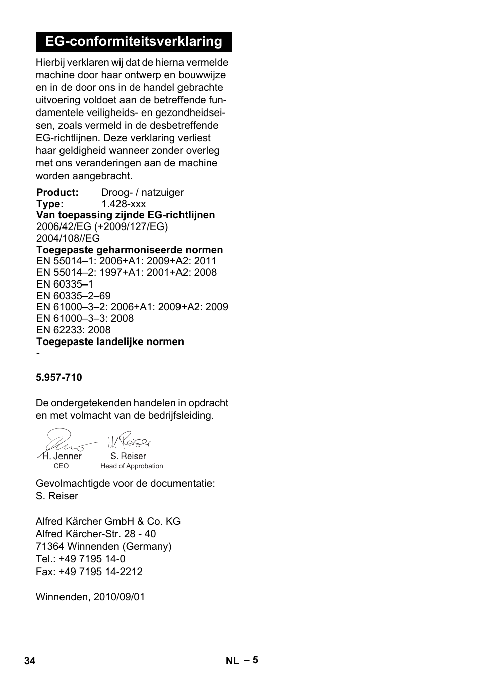 Eg-conformiteitsverklaring | Karcher NT 48-1 Te User Manual | Page 34 / 156