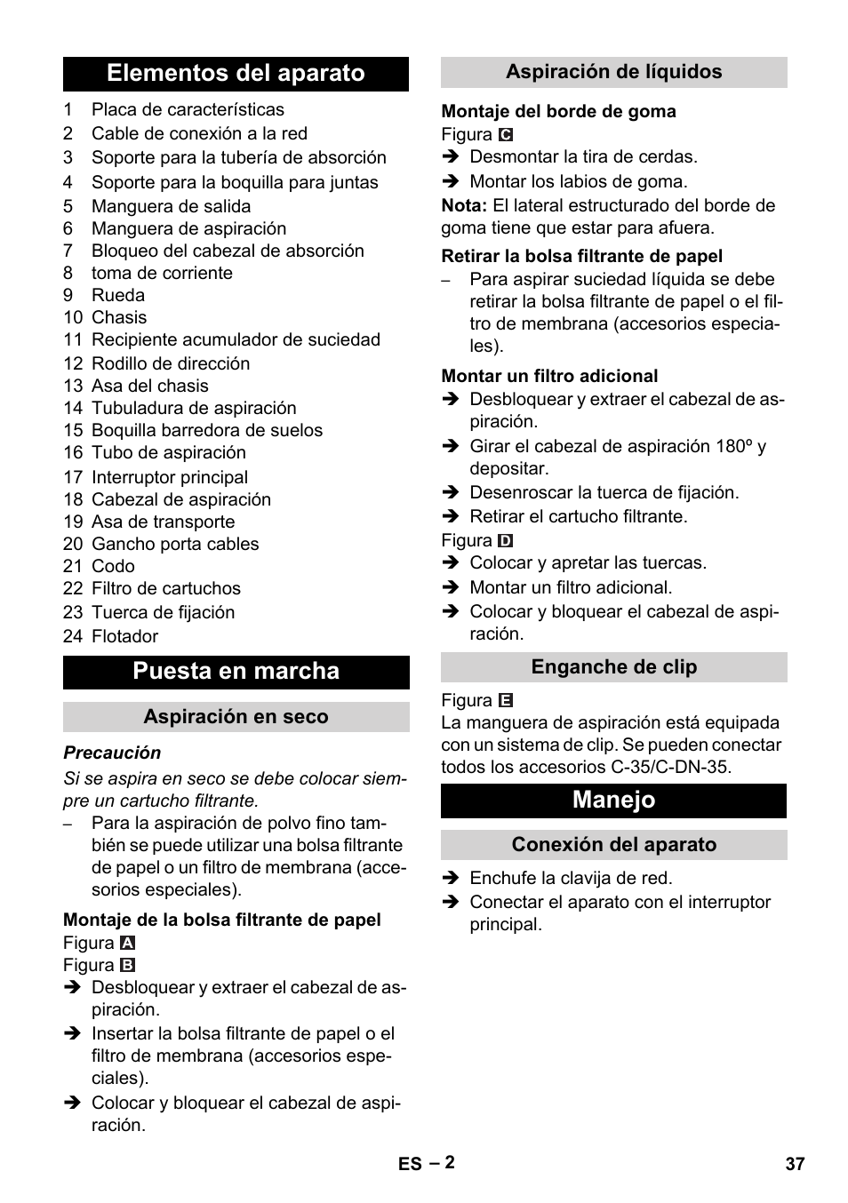 Elementos del aparato, Puesta en marcha, Aspiración en seco | Montaje de la bolsa filtrante de papel, Aspiración de líquidos, Montaje del borde de goma, Retirar la bolsa filtrante de papel, Montar un filtro adicional, Enganche de clip, Manejo | Karcher NT 48-1 Te User Manual | Page 37 / 156