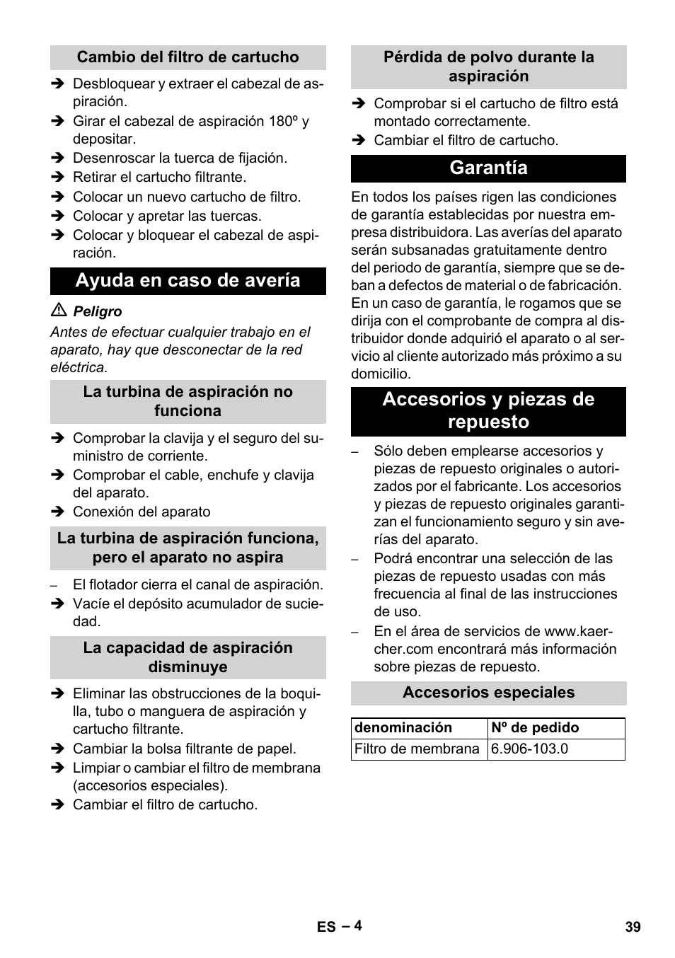 Cambio del filtro de cartucho, Ayuda en caso de avería, La turbina de aspiración no funciona | La capacidad de aspiración disminuye, Pérdida de polvo durante la aspiración, Garantía, Accesorios y piezas de repuesto, Accesorios especiales, Garantía accesorios y piezas de repuesto | Karcher NT 48-1 Te User Manual | Page 39 / 156