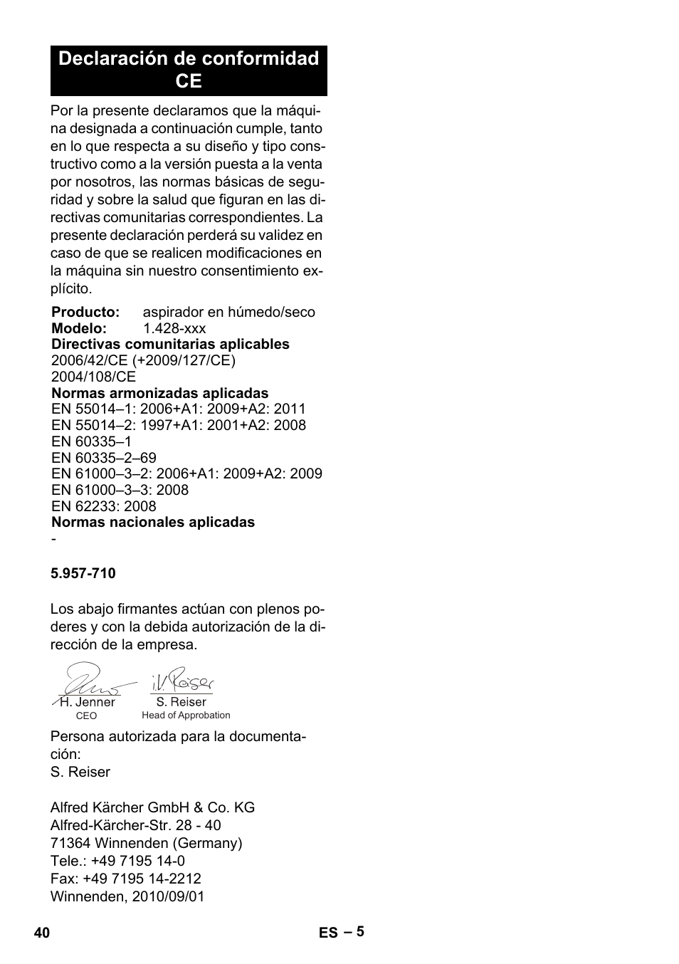 Declaración de conformidad ce | Karcher NT 48-1 Te User Manual | Page 40 / 156