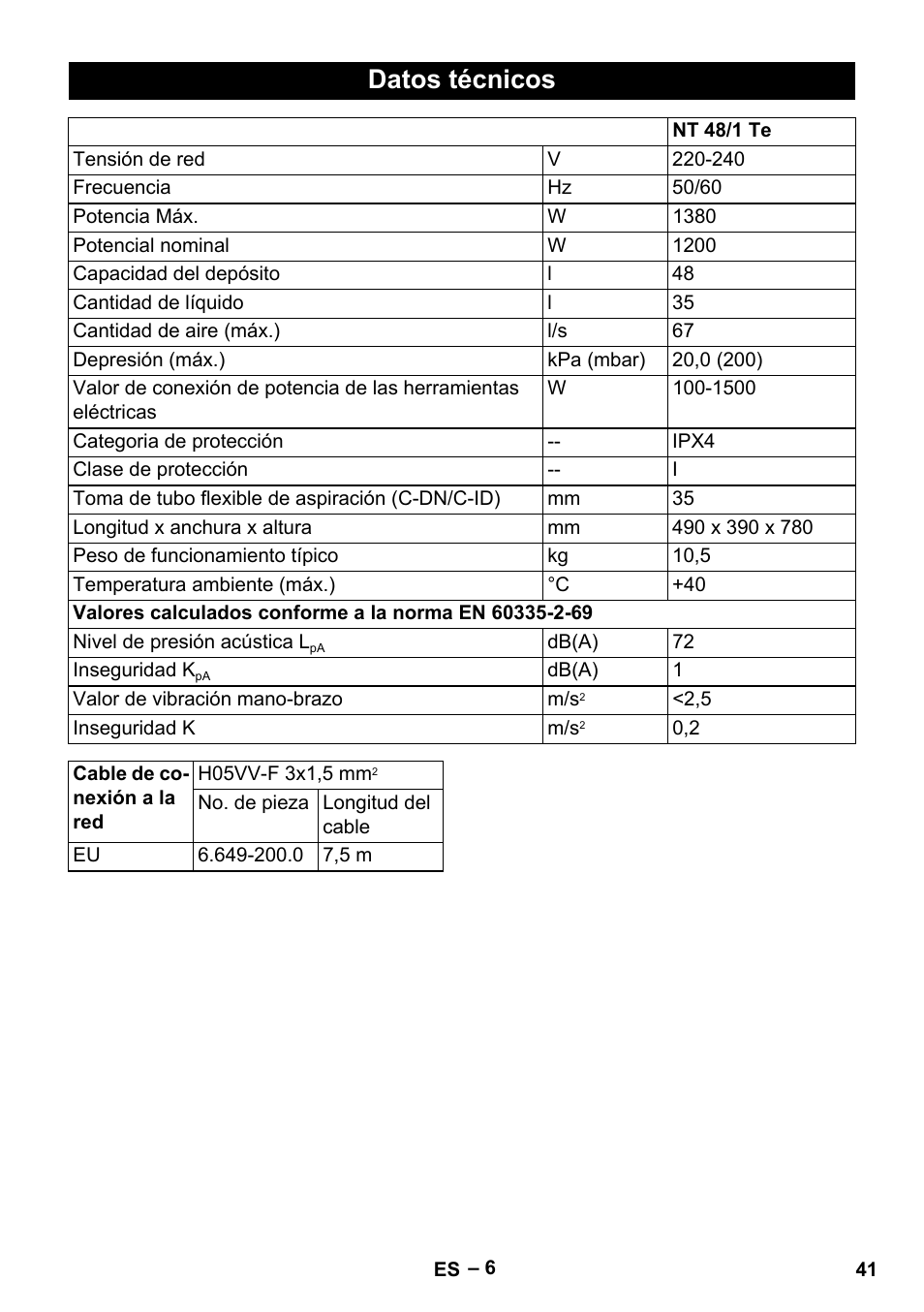 Datos técnicos | Karcher NT 48-1 Te User Manual | Page 41 / 156