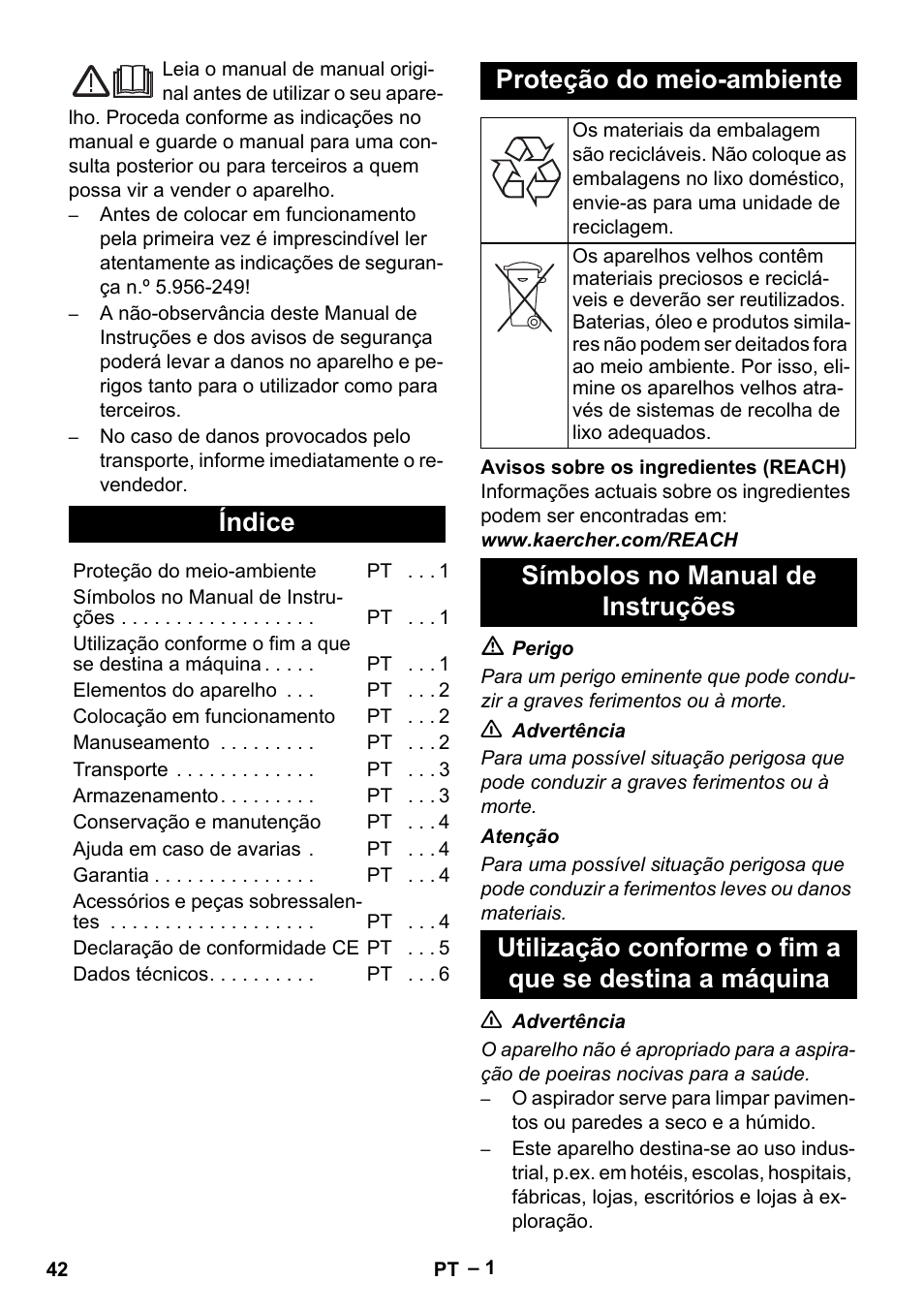 Português, Índice, Proteção do meio-ambiente | Símbolos no manual de instruções | Karcher NT 48-1 Te User Manual | Page 42 / 156