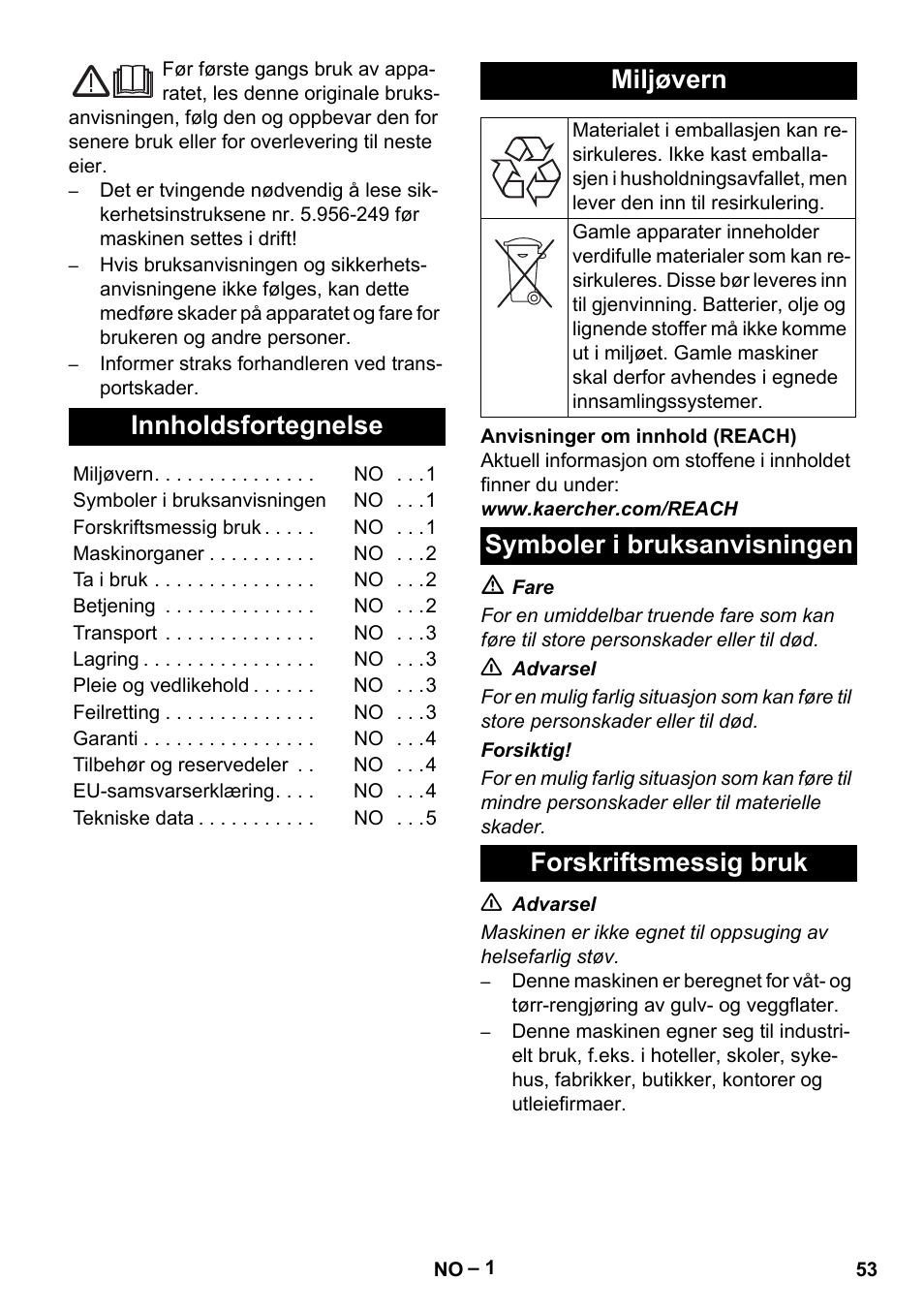 Norsk, Innholdsfortegnelse, Miljøvern | Symboler i bruksanvisningen, Forskriftsmessig bruk, Symboler i bruksanvisningen forskriftsmessig bruk | Karcher NT 48-1 Te User Manual | Page 53 / 156