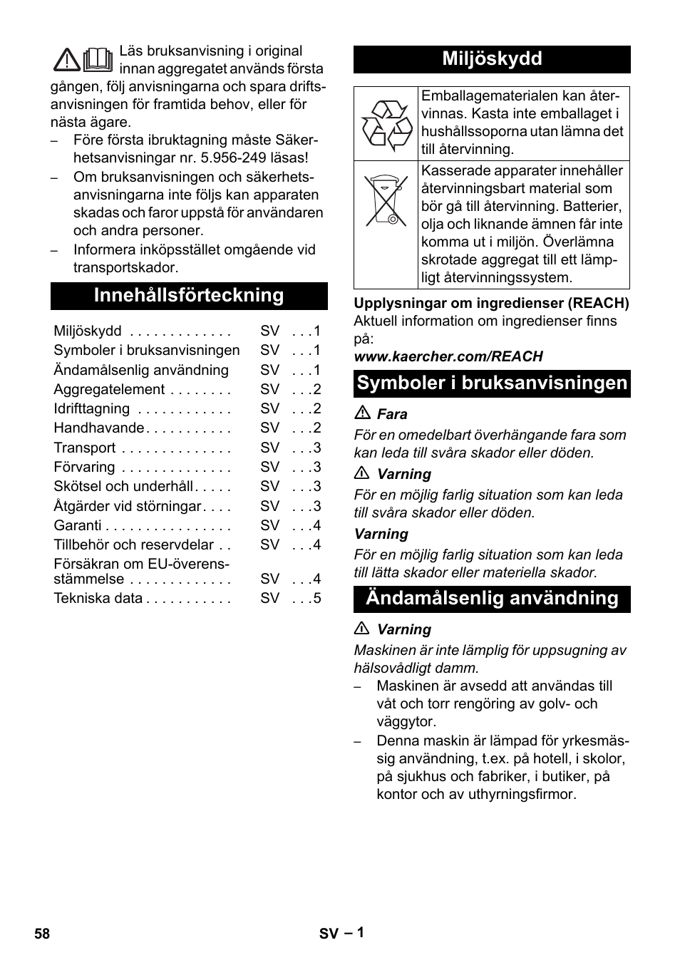 Svenska, Innehållsförteckning, Miljöskydd | Symboler i bruksanvisningen, Ändamålsenlig användning | Karcher NT 48-1 Te User Manual | Page 58 / 156