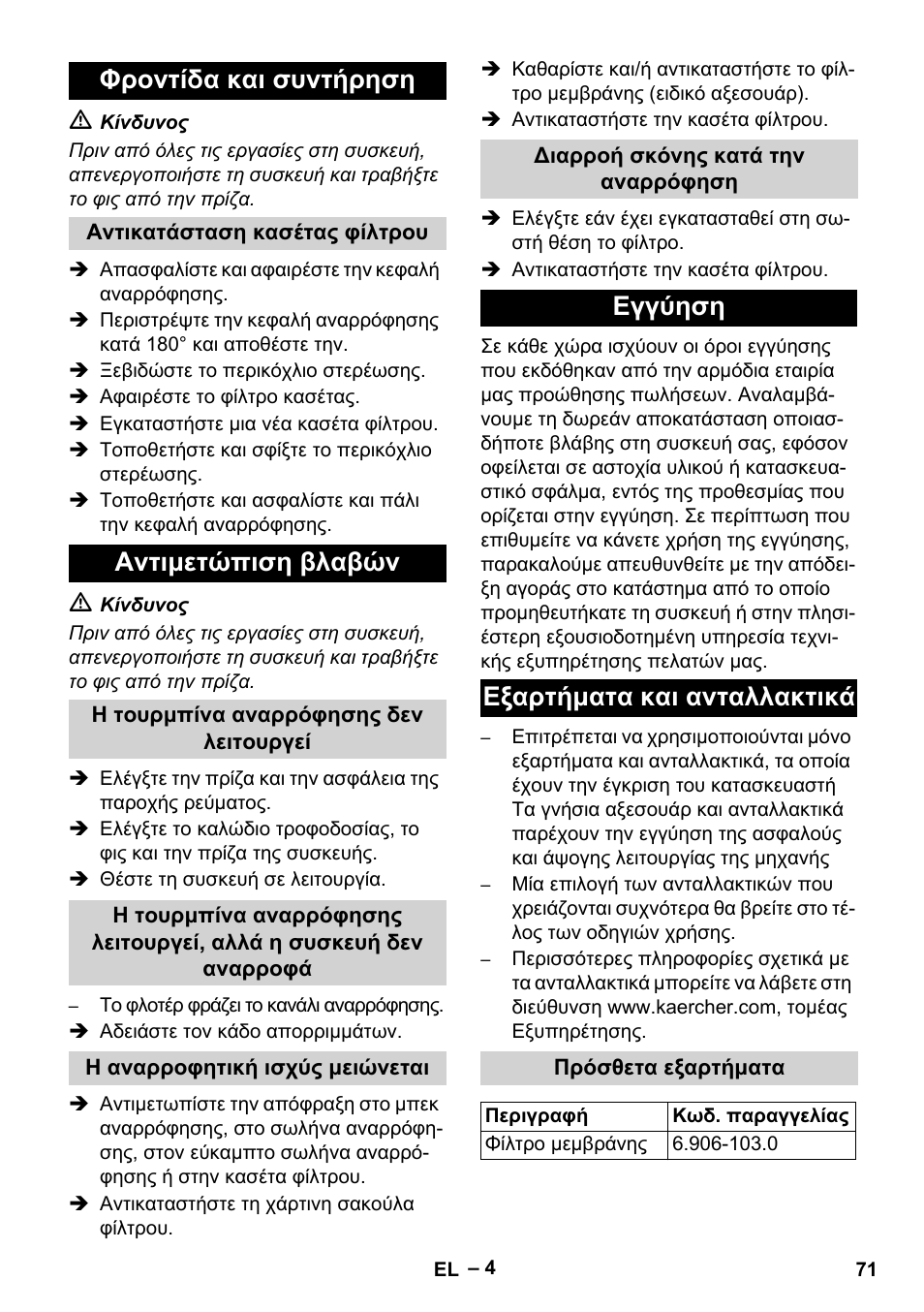 Φροντίδα και συντήρηση, Αντικατάσταση κασέτας φίλτρου, Αντιμετώπιση βλαβών | Η τουρμπίνα αναρρόφησης δεν λειτουργεί, Η αναρροφητική ισχύς μειώνεται, Διαρροή σκόνης κατά την αναρρόφηση, Εγγύηση, Εξαρτήματα και ανταλλακτικά, Πρόσθετα εξαρτήματα, Εγγύηση εξαρτήματα και ανταλλακτικά | Karcher NT 48-1 Te User Manual | Page 71 / 156