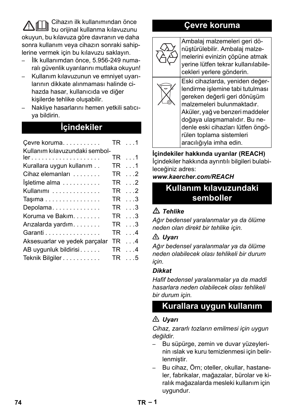 Türkçe, Içindekiler, Çevre koruma | Kullanım kılavuzundaki semboller, Kurallara uygun kullanım | Karcher NT 48-1 Te User Manual | Page 74 / 156