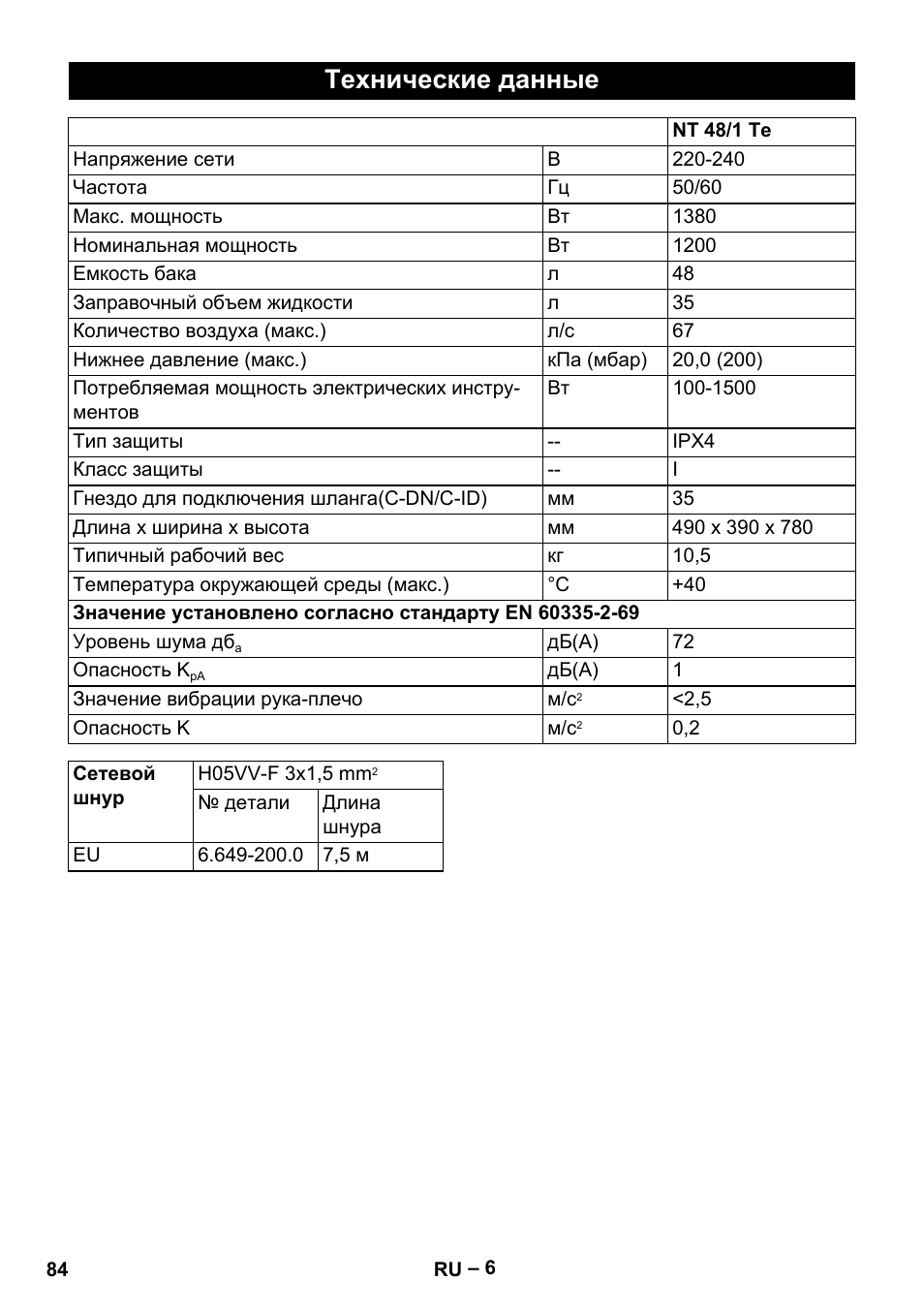 Технические данные | Karcher NT 48-1 Te User Manual | Page 84 / 156