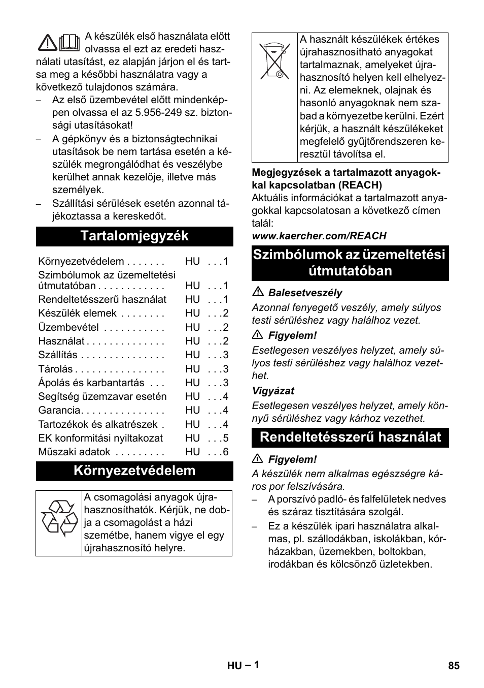 Magyar, Tartalomjegyzék, Környezetvédelem | Szimbólumok az üzemeltetési útmutatóban, Rendeltetésszerű használat | Karcher NT 48-1 Te User Manual | Page 85 / 156