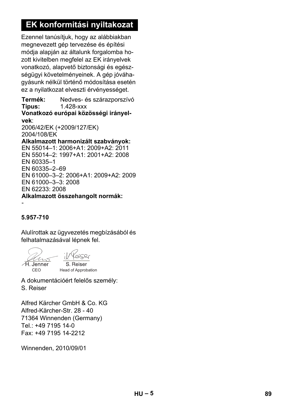 Ek konformitási nyiltakozat | Karcher NT 48-1 Te User Manual | Page 89 / 156