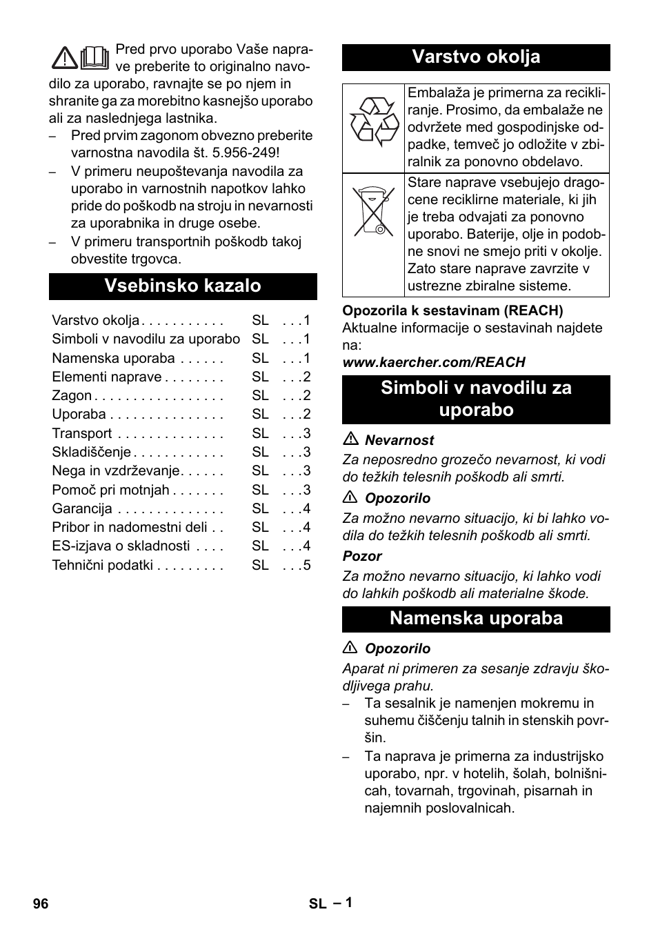 Slovenščina, Vsebinsko kazalo, Varstvo okolja | Simboli v navodilu za uporabo, Namenska uporaba, Simboli v navodilu za uporabo namenska uporaba | Karcher NT 48-1 Te User Manual | Page 96 / 156