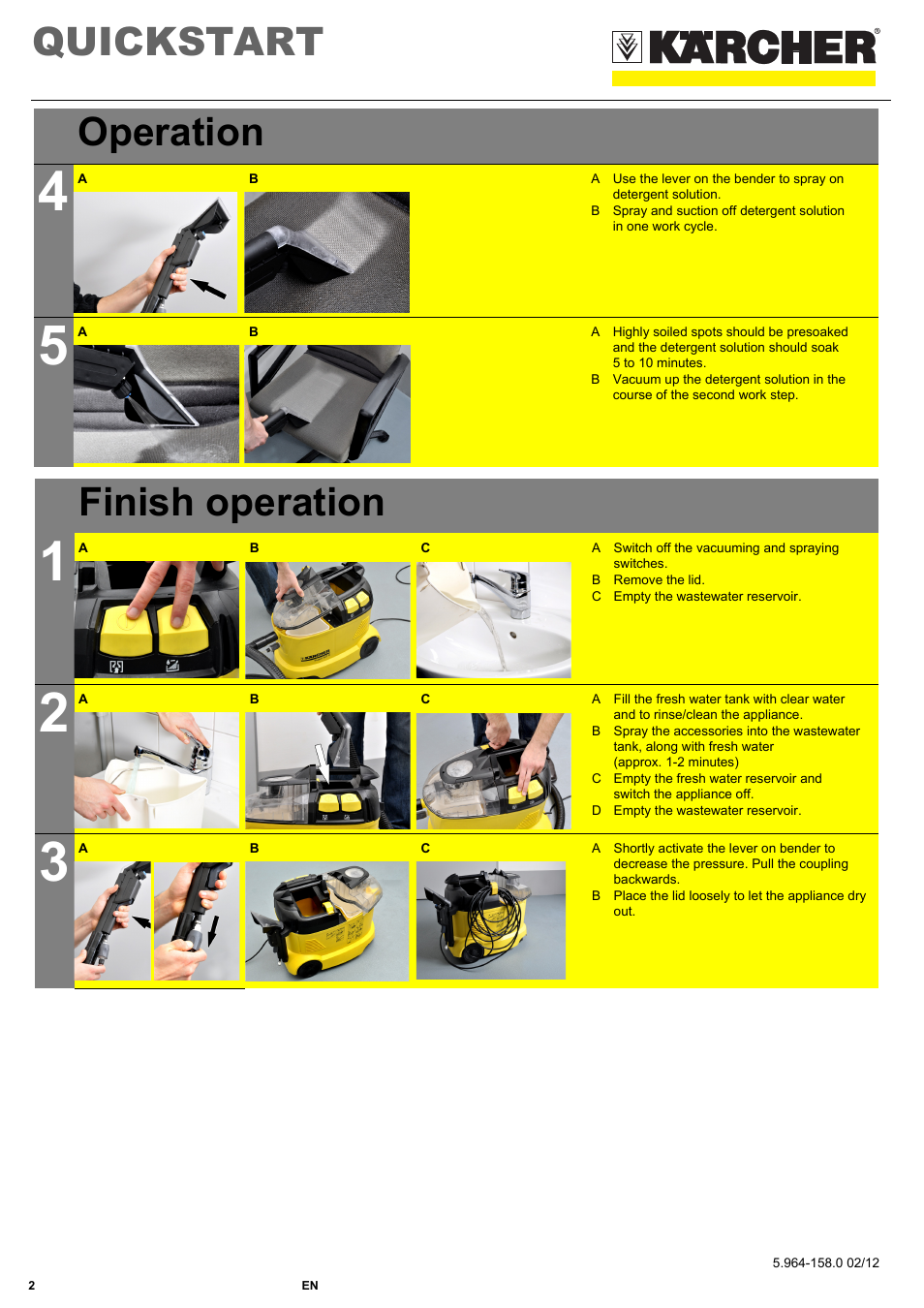 Quickstart, Finish operation, Operation | Karcher PUZZI 8-1 C User Manual | Page 2 / 2