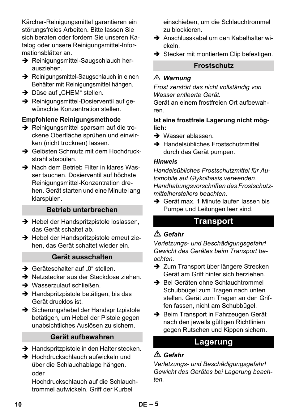 Transport lagerung | Karcher HD 6-12-4 CX Plus User Manual | Page 10 / 364