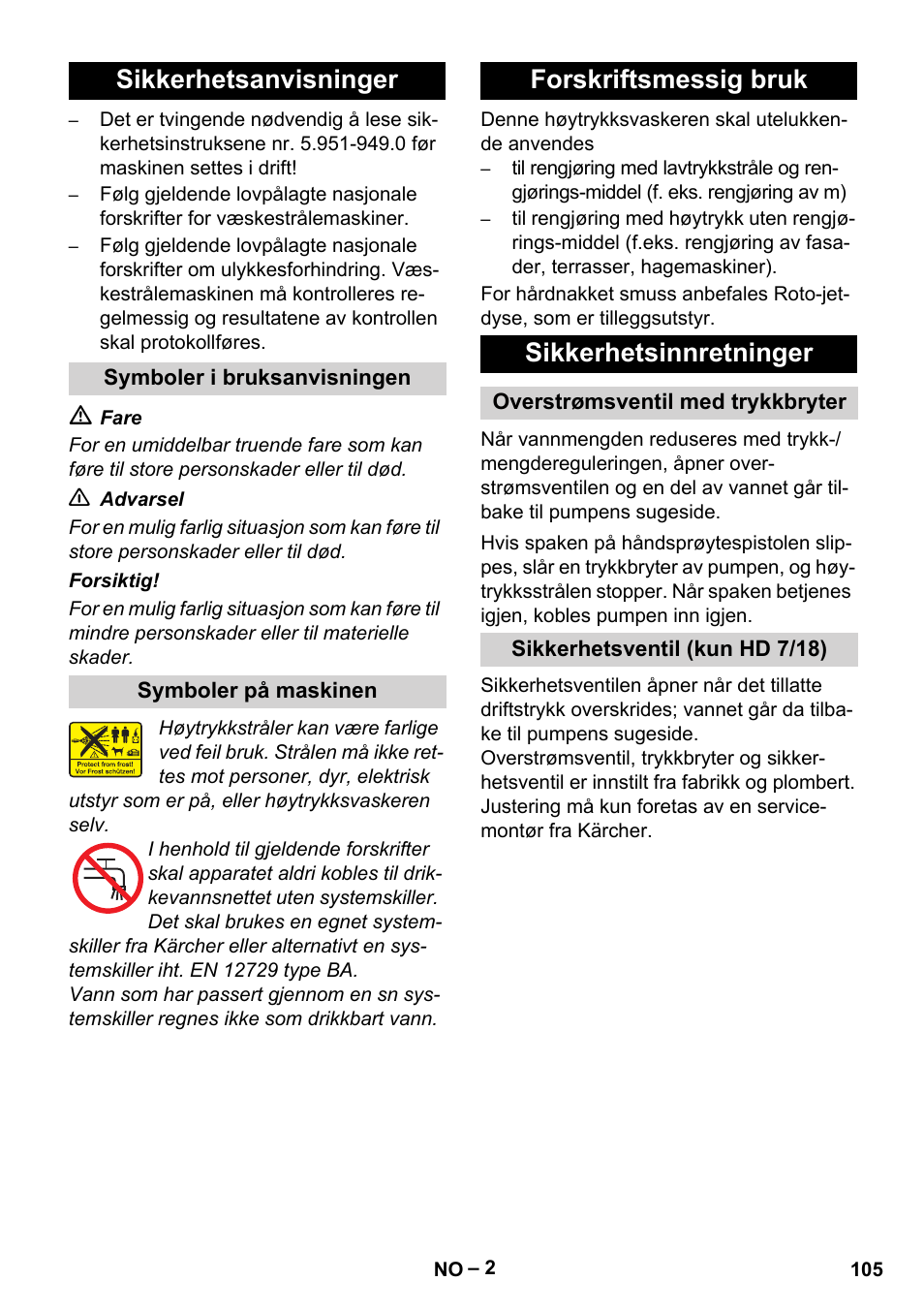 Sikkerhetsanvisninger, Forskriftsmessig bruk sikkerhetsinnretninger | Karcher HD 6-12-4 CX Plus User Manual | Page 105 / 364