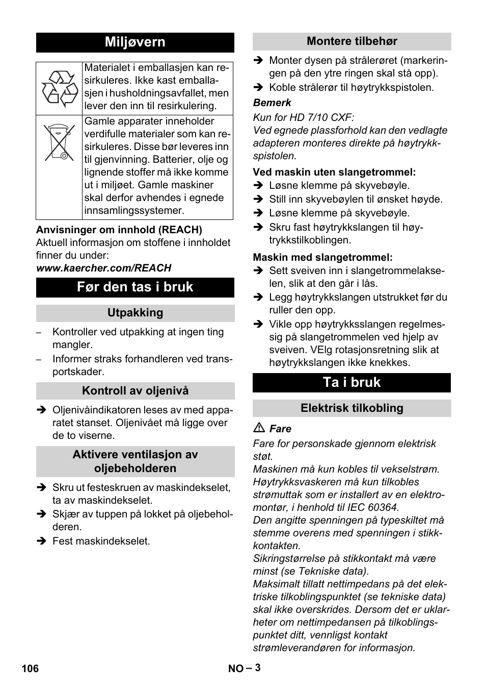 Miljøvern, Før den tas i bruk, Ta i bruk | Karcher HD 6-12-4 CX Plus User Manual | Page 106 / 364