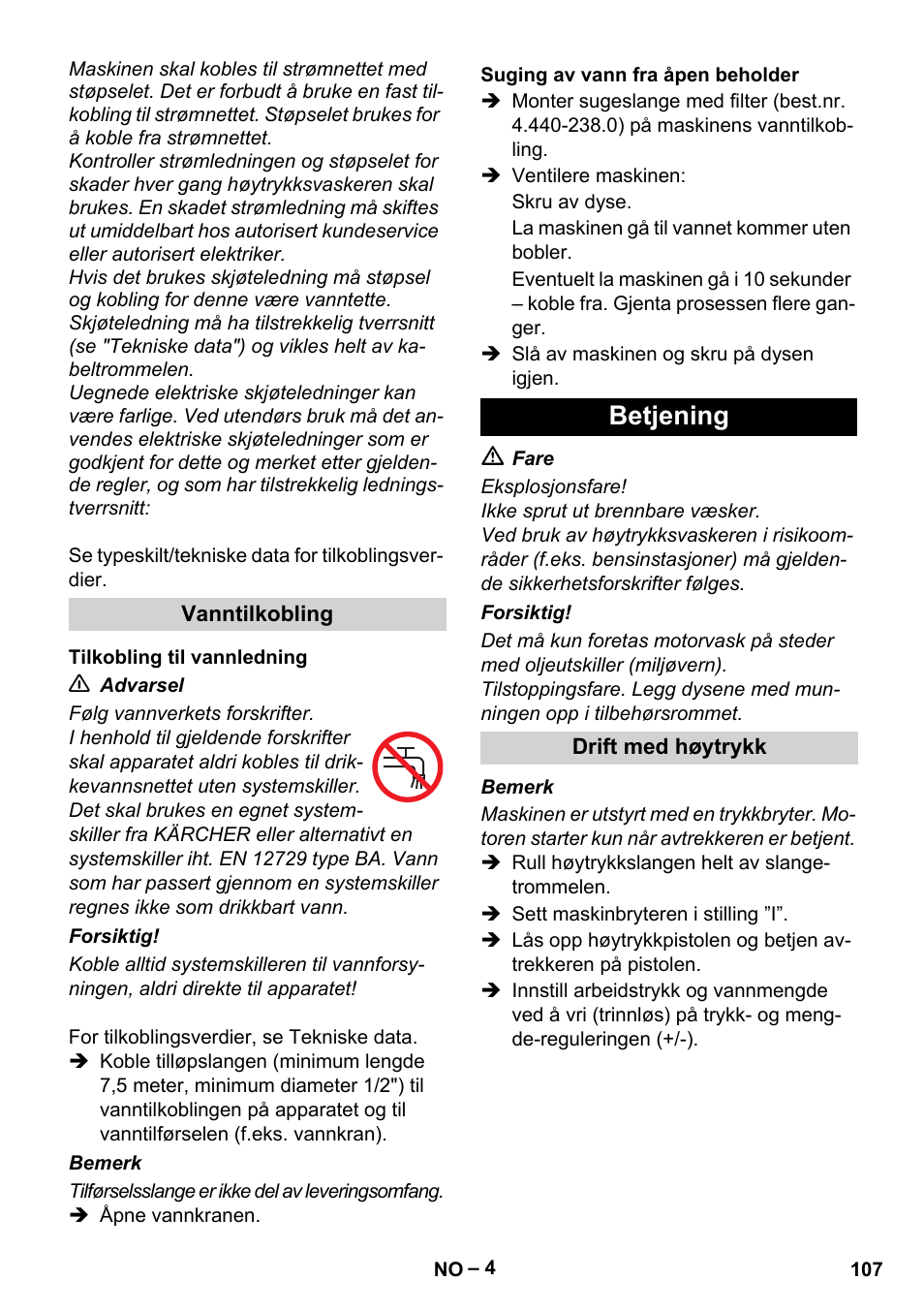 Betjening | Karcher HD 6-12-4 CX Plus User Manual | Page 107 / 364