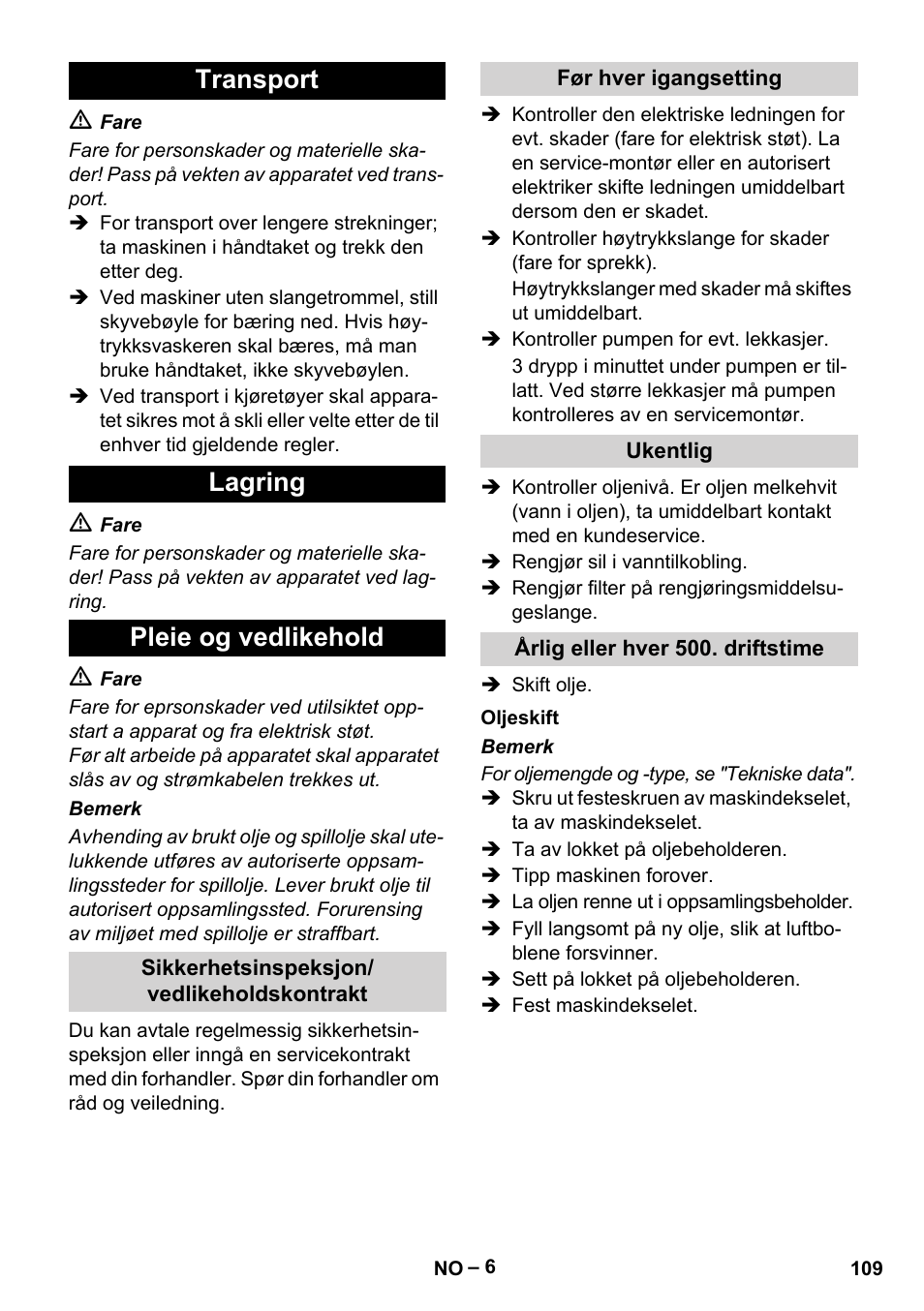 Transport lagring pleie og vedlikehold | Karcher HD 6-12-4 CX Plus User Manual | Page 109 / 364