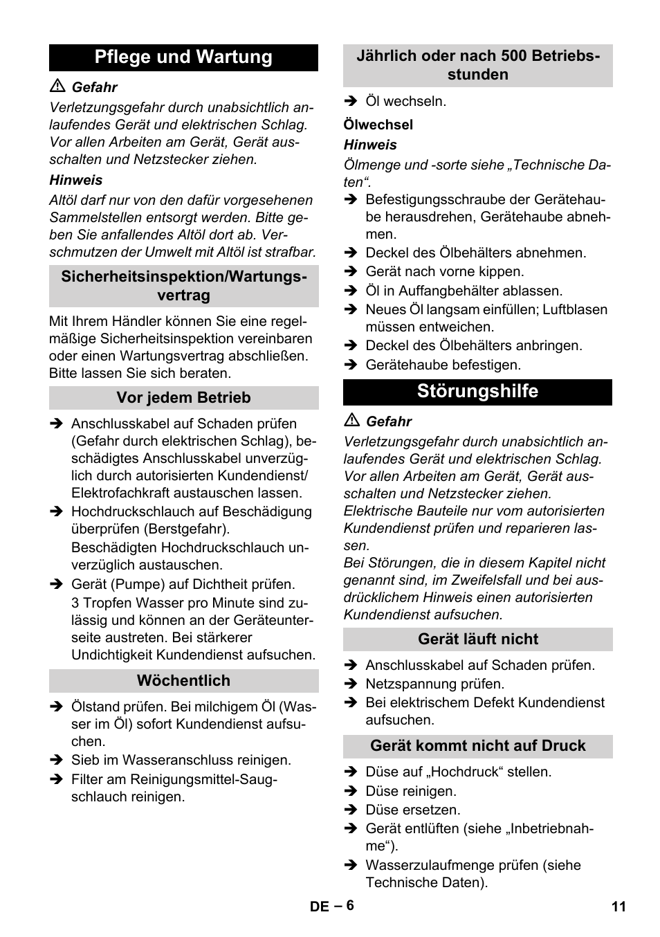 Pflege und wartung, Störungshilfe | Karcher HD 6-12-4 CX Plus User Manual | Page 11 / 364