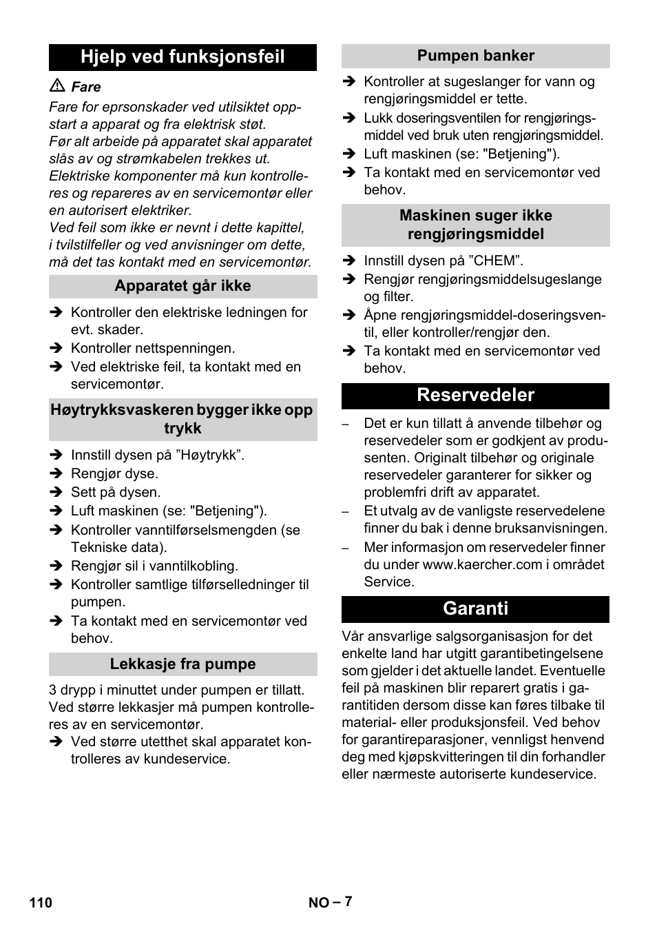 Hjelp ved funksjonsfeil, Reservedeler garanti | Karcher HD 6-12-4 CX Plus User Manual | Page 110 / 364