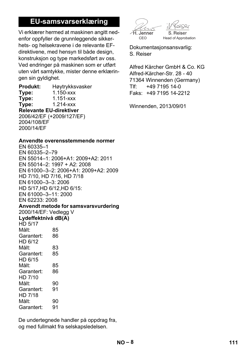 Eu-samsvarserklæring | Karcher HD 6-12-4 CX Plus User Manual | Page 111 / 364