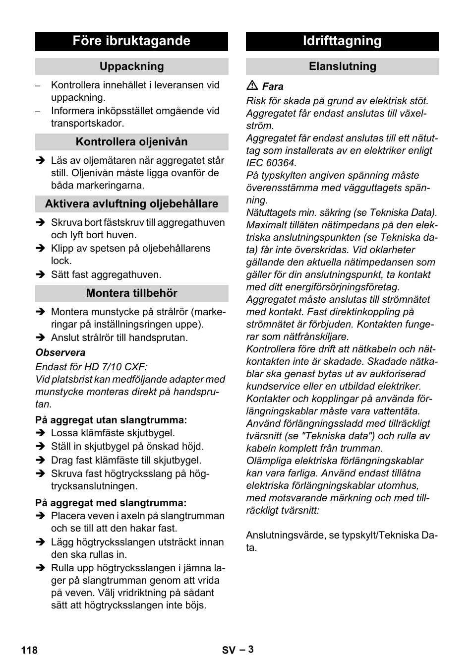 Före ibruktagande, Idrifttagning | Karcher HD 6-12-4 CX Plus User Manual | Page 118 / 364
