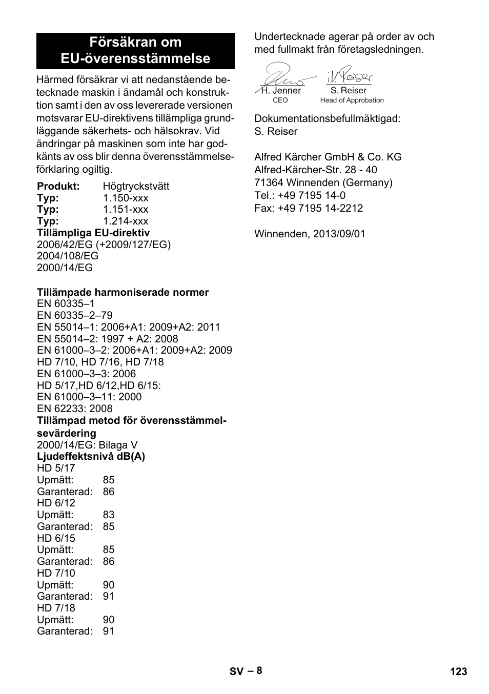 Försäkran om eu-överensstämmelse | Karcher HD 6-12-4 CX Plus User Manual | Page 123 / 364