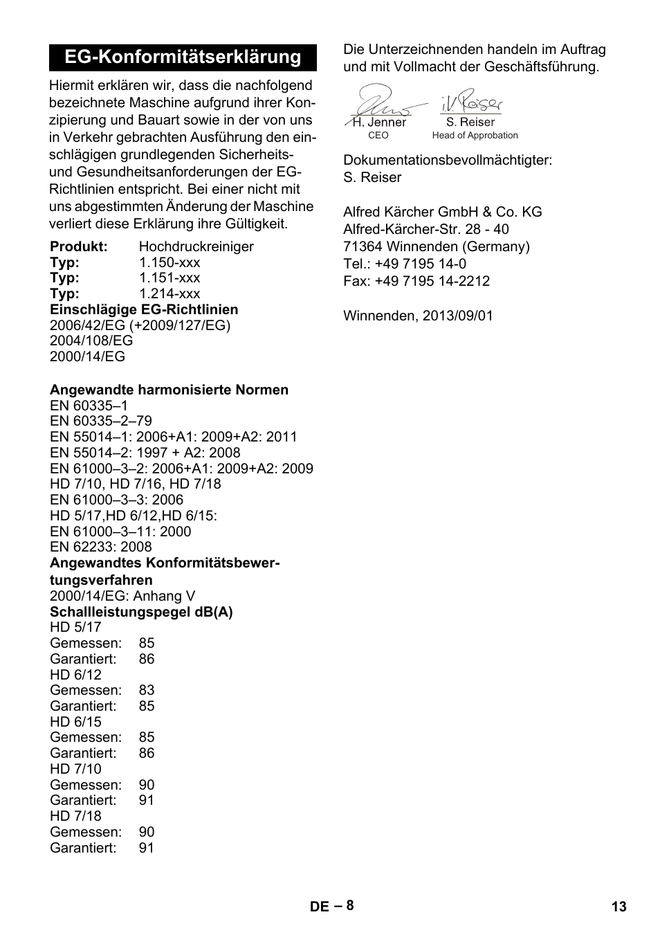 Eg-konformitätserklärung | Karcher HD 6-12-4 CX Plus User Manual | Page 13 / 364