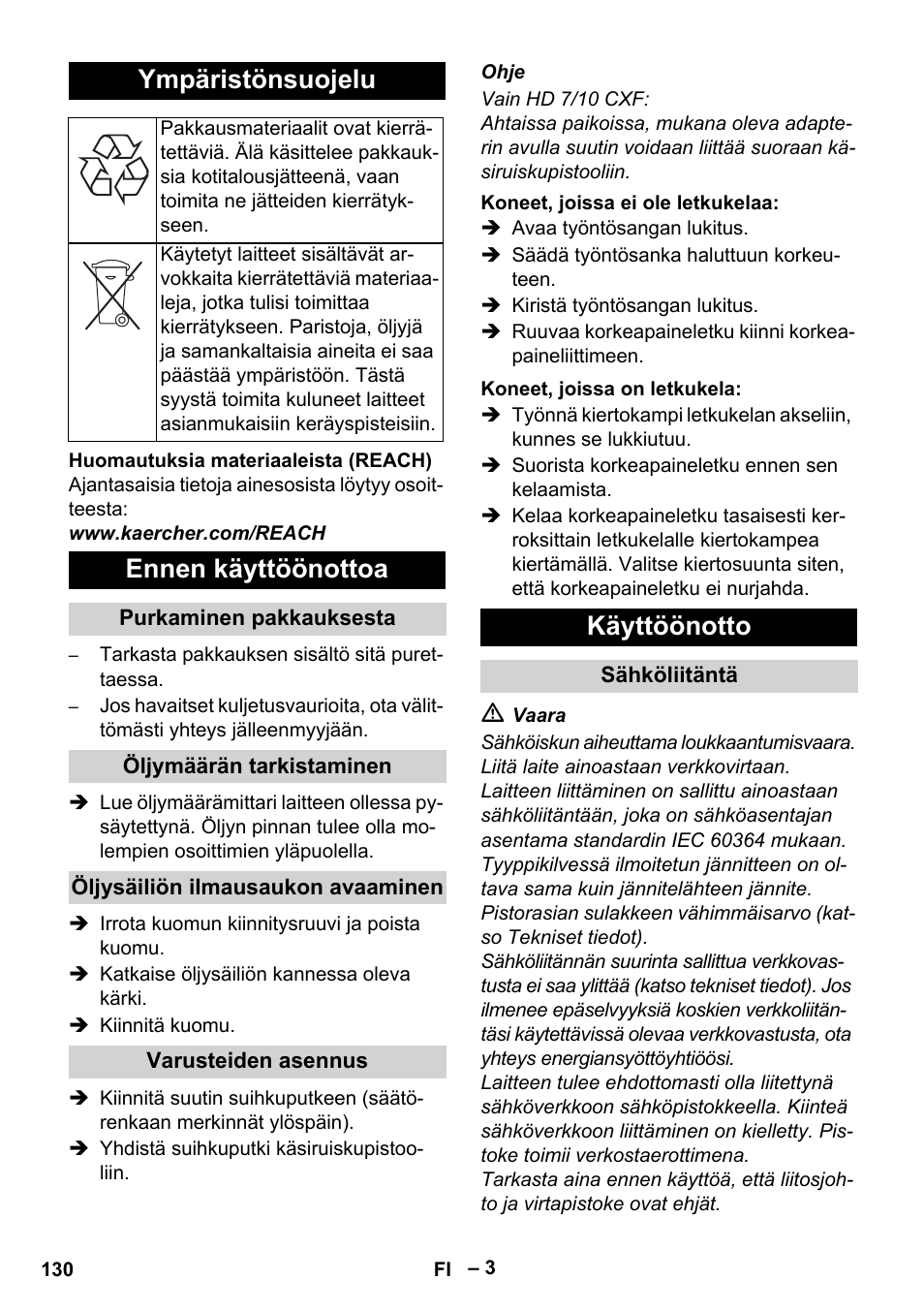 Ympäristönsuojelu, Ennen käyttöönottoa, Käyttöönotto | Karcher HD 6-12-4 CX Plus User Manual | Page 130 / 364