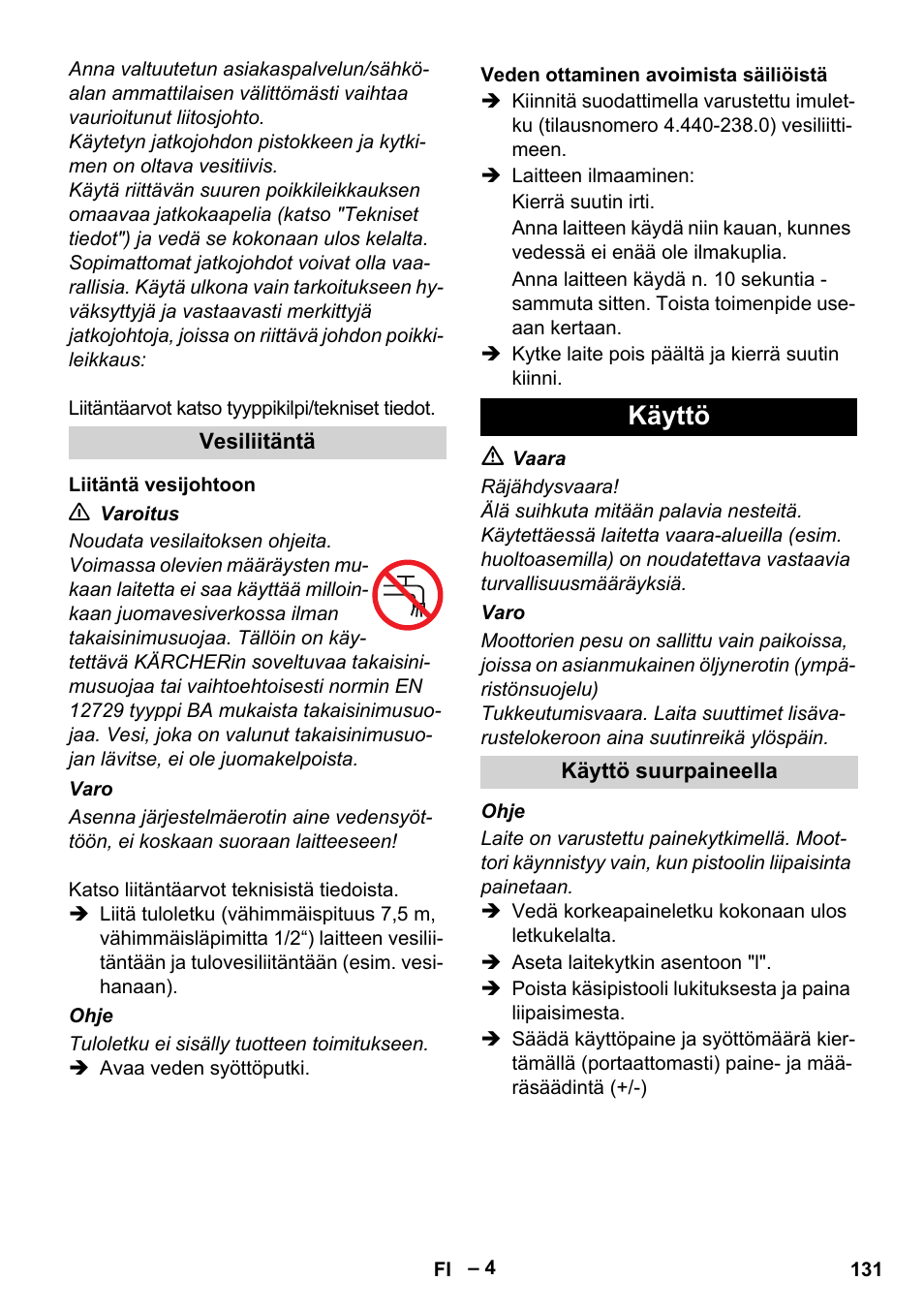 Käyttö | Karcher HD 6-12-4 CX Plus User Manual | Page 131 / 364