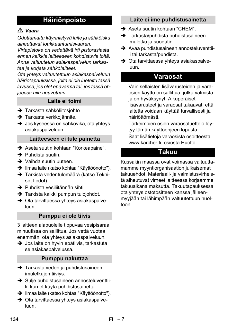 Häiriönpoisto, Varaosat takuu | Karcher HD 6-12-4 CX Plus User Manual | Page 134 / 364