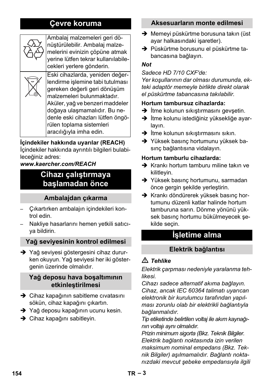Çevre koruma, Cihazı çalıştırmaya başlamadan önce, Işletime alma | Karcher HD 6-12-4 CX Plus User Manual | Page 154 / 364
