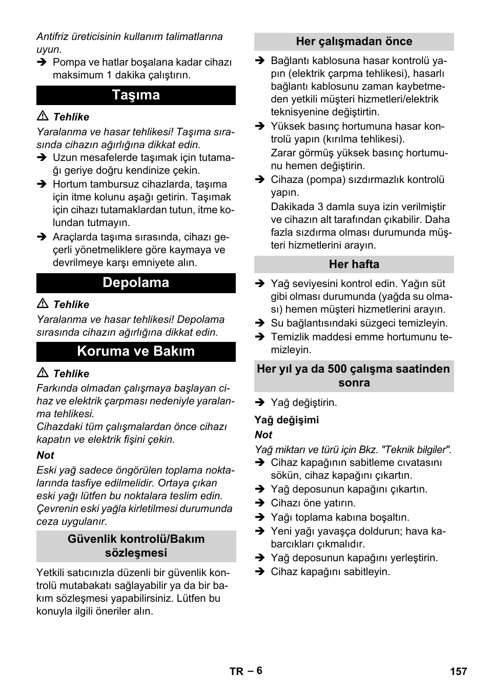 Taşıma depolama koruma ve bakım | Karcher HD 6-12-4 CX Plus User Manual | Page 157 / 364