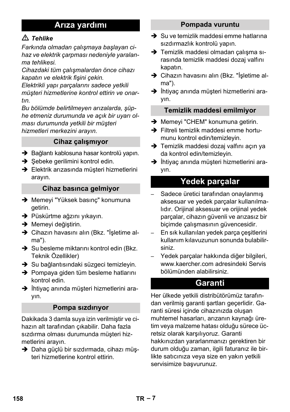 Arıza yardımı, Yedek parçalar garanti | Karcher HD 6-12-4 CX Plus User Manual | Page 158 / 364