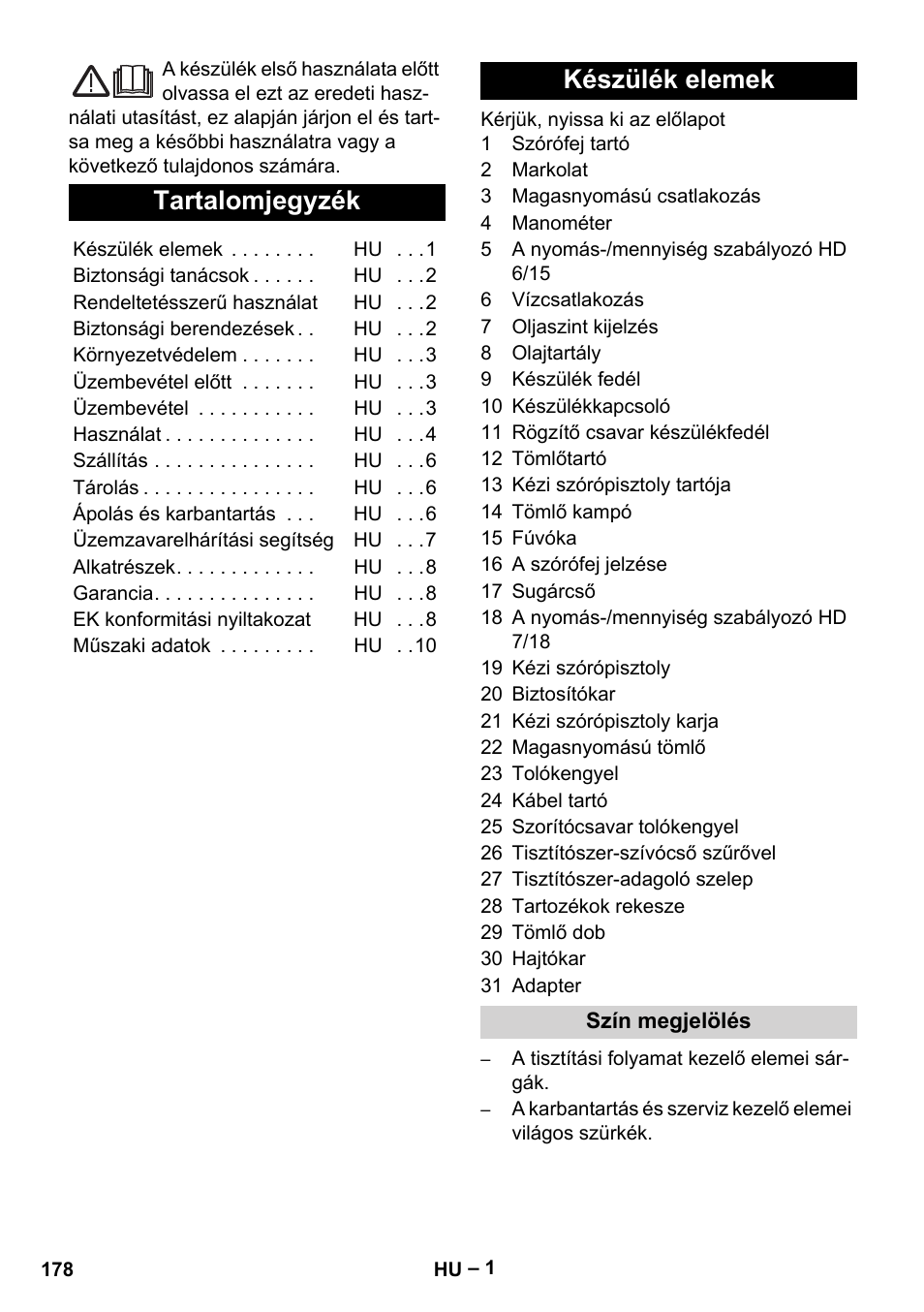 Magyar, Tartalomjegyzék, Készülék elemek | Karcher HD 6-12-4 CX Plus User Manual | Page 178 / 364