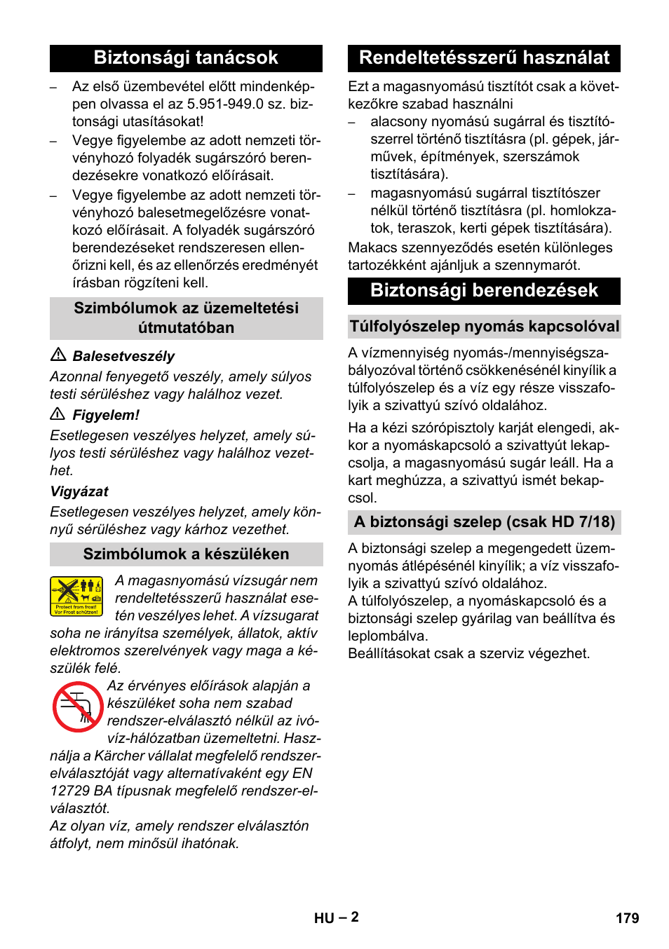 Biztonsági tanácsok, Rendeltetésszerű használat biztonsági berendezések | Karcher HD 6-12-4 CX Plus User Manual | Page 179 / 364