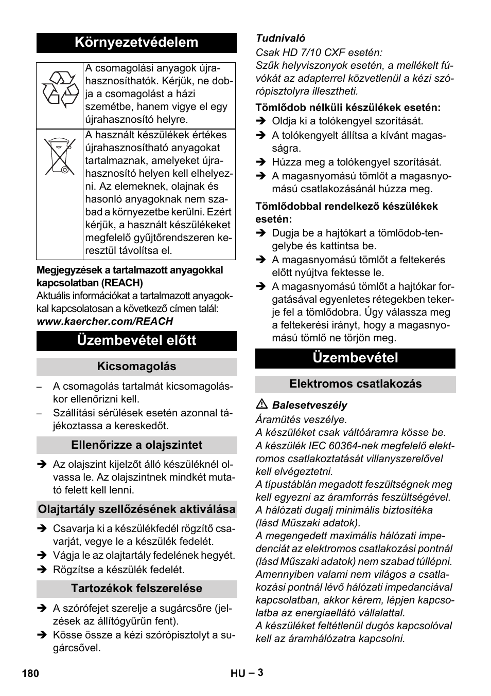 Környezetvédelem, Üzembevétel előtt, Üzembevétel | Karcher HD 6-12-4 CX Plus User Manual | Page 180 / 364