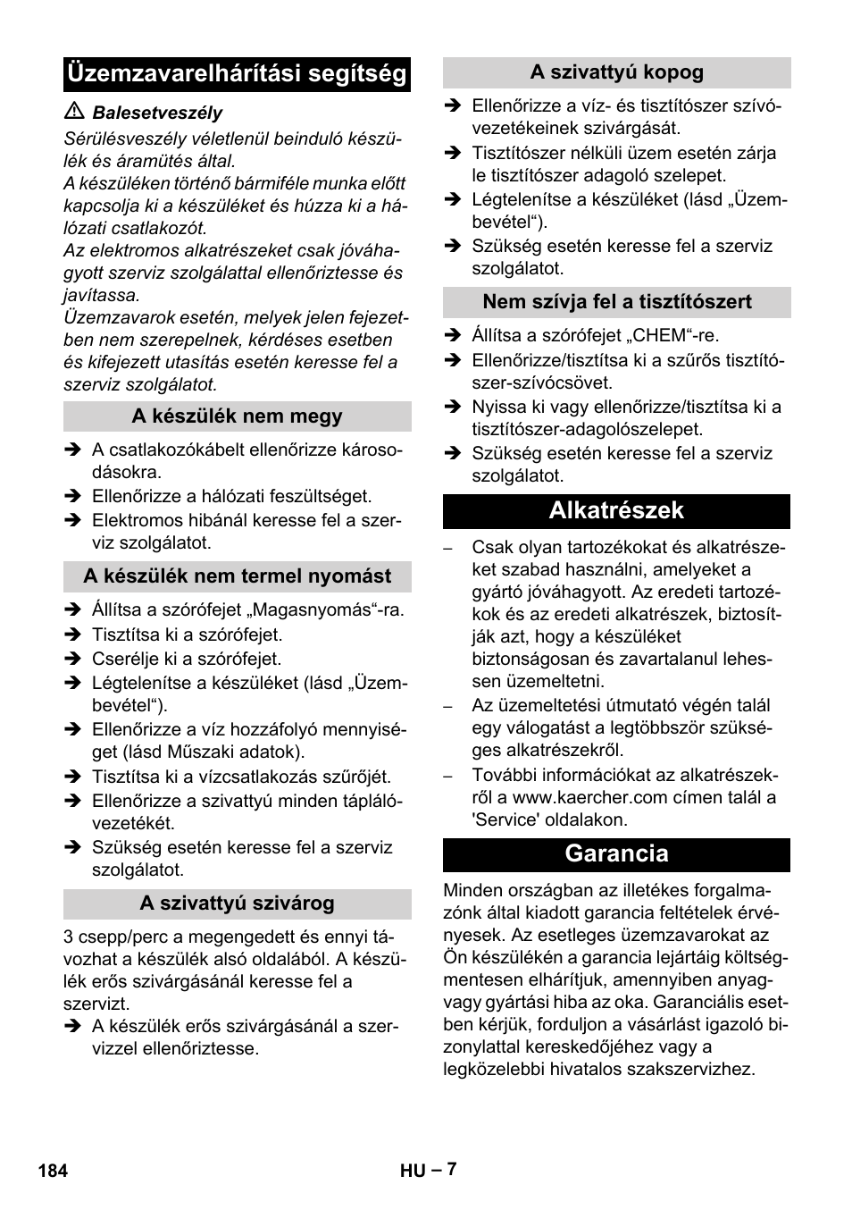Üzemzavarelhárítási segítség, Alkatrészek garancia | Karcher HD 6-12-4 CX Plus User Manual | Page 184 / 364