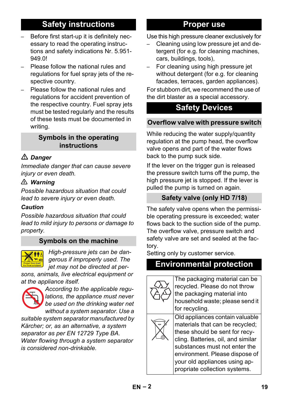 Safety instructions, Proper use safety devices, Environmental protection | Karcher HD 6-12-4 CX Plus User Manual | Page 19 / 364