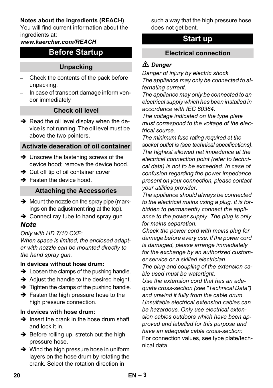 Before startup, Start up | Karcher HD 6-12-4 CX Plus User Manual | Page 20 / 364