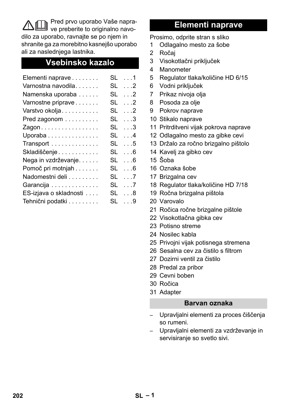 Slovenščina, Vsebinsko kazalo, Elementi naprave | Karcher HD 6-12-4 CX Plus User Manual | Page 202 / 364