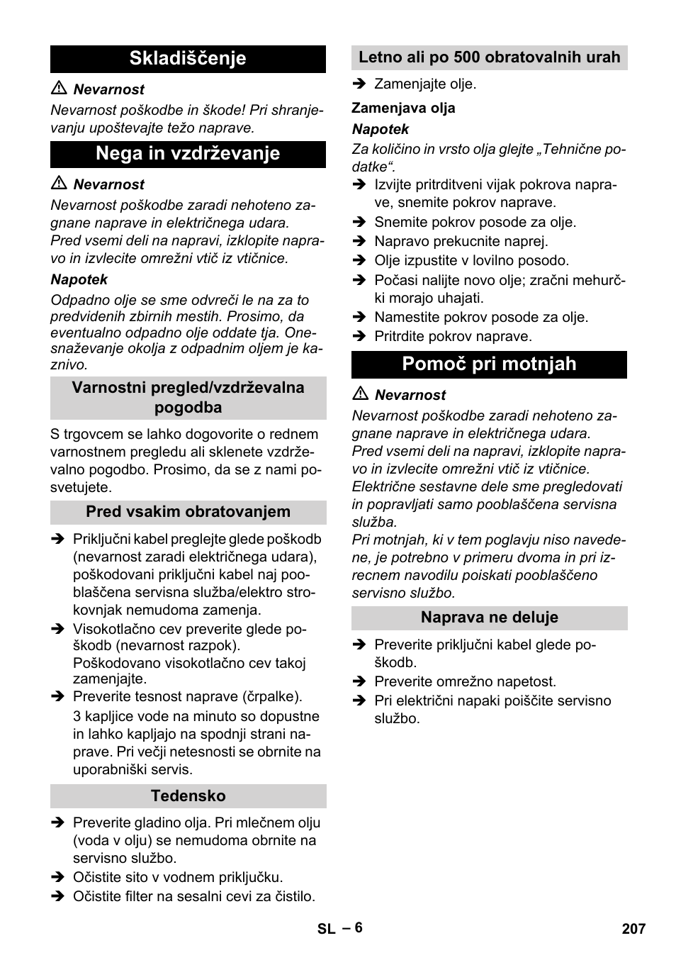 Skladiščenje nega in vzdrževanje, Pomoč pri motnjah | Karcher HD 6-12-4 CX Plus User Manual | Page 207 / 364