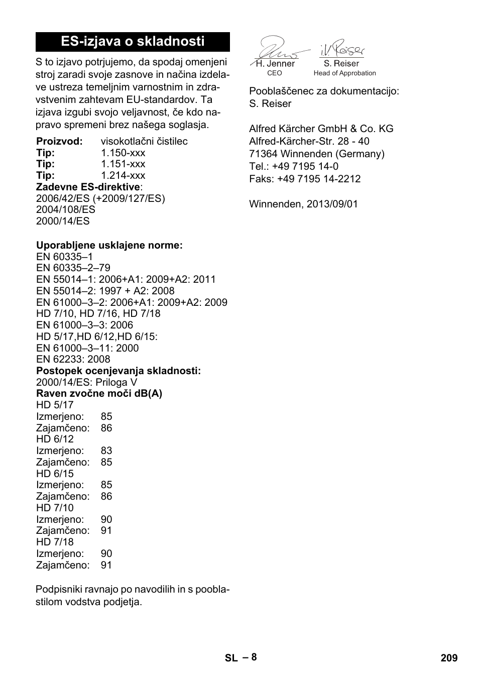 Es-izjava o skladnosti | Karcher HD 6-12-4 CX Plus User Manual | Page 209 / 364